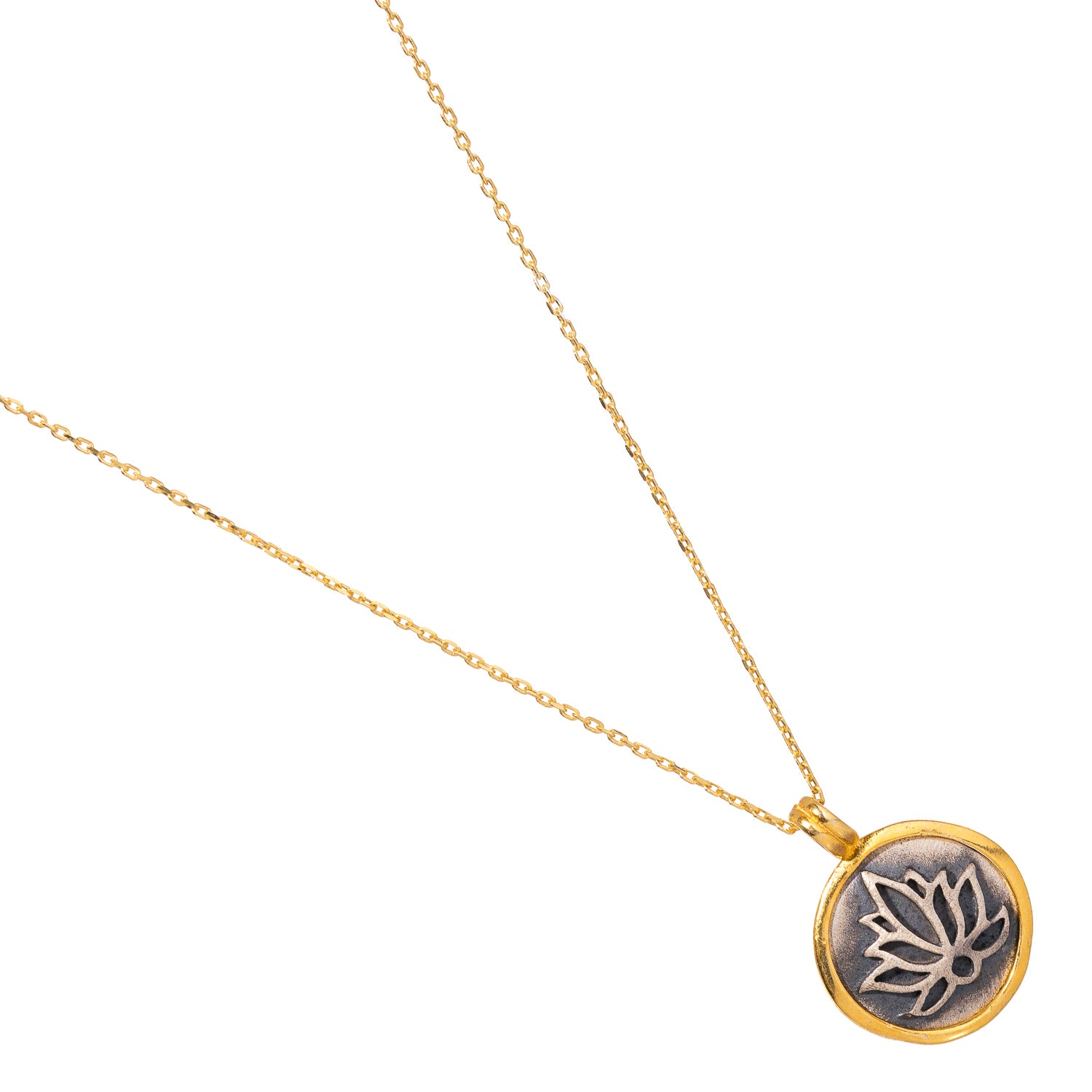 Sophisticated sterling silver and gold necklace with a lotus flower pendant, symbolizing purity and enlightenment.