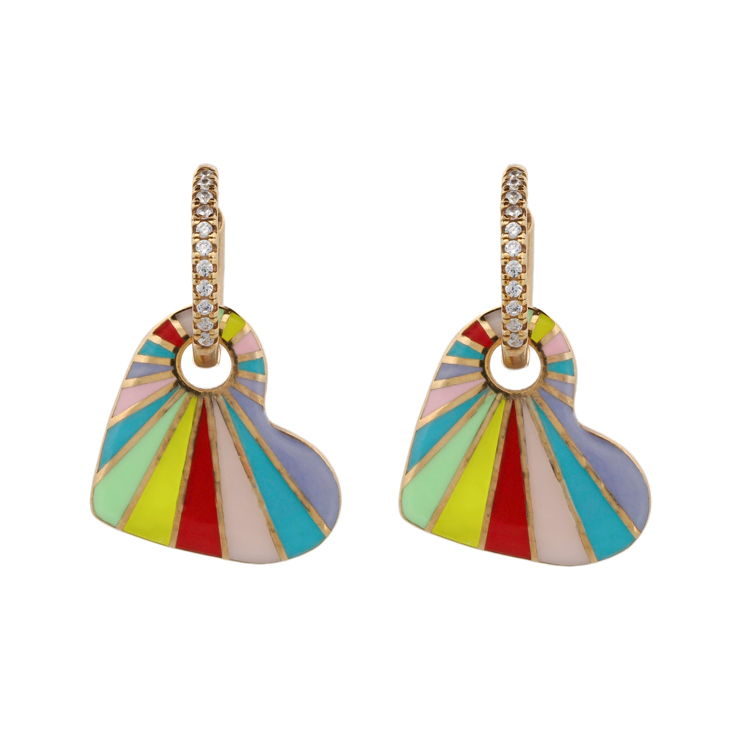 Colorful Enamel Heart Hoop Earrings with Gold and Diamonds