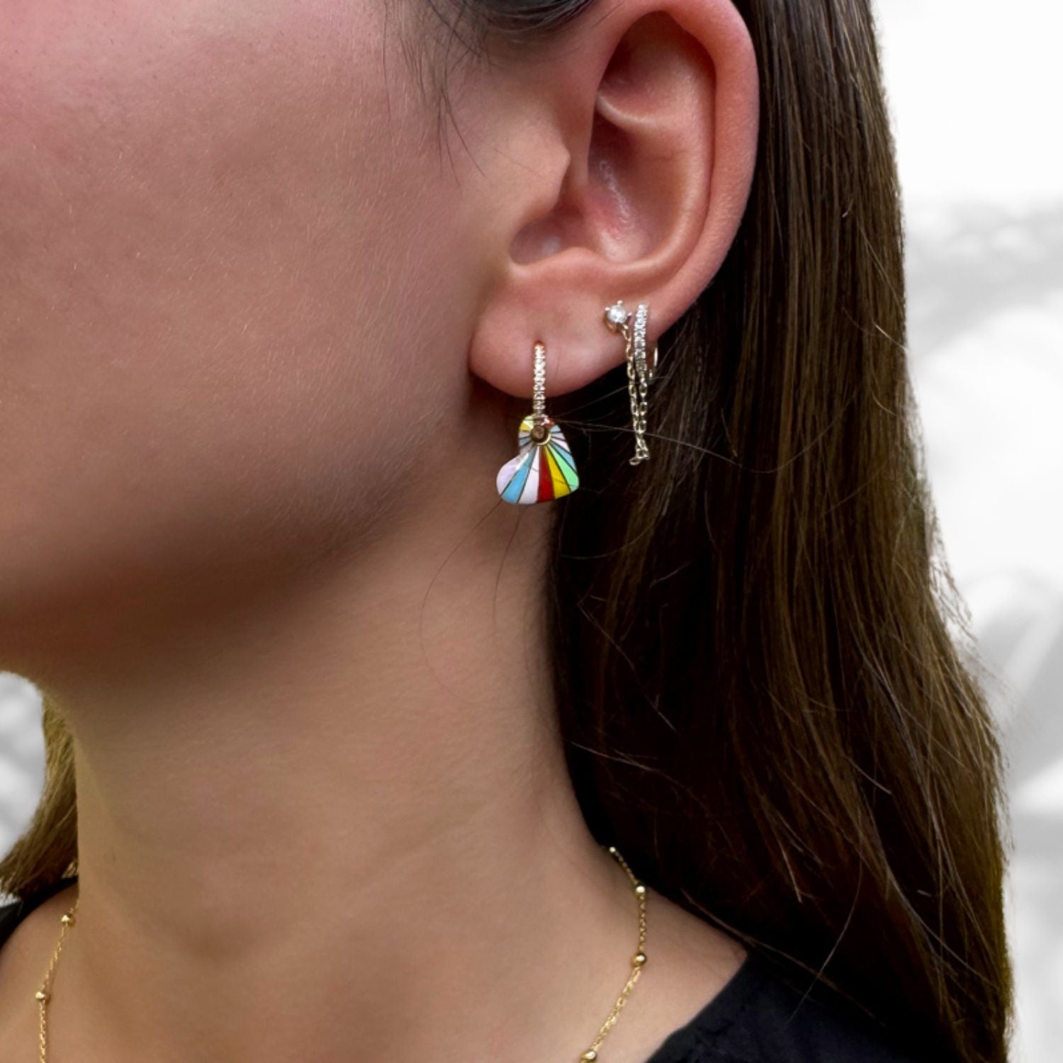 Model Wearing Handmade Rainbow Enamel Earrings with CZ Diamonds