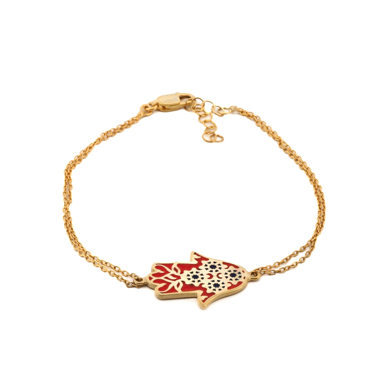 Red Enamel Floral Hamsa Hand Gold Vermeil Chain Bracelet