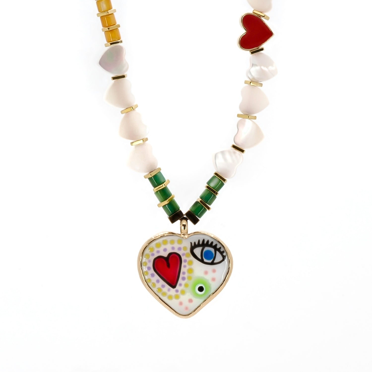 Heart-Shaped Pearl Beaded Necklace with Red Heart & Evil Eye Pendant
