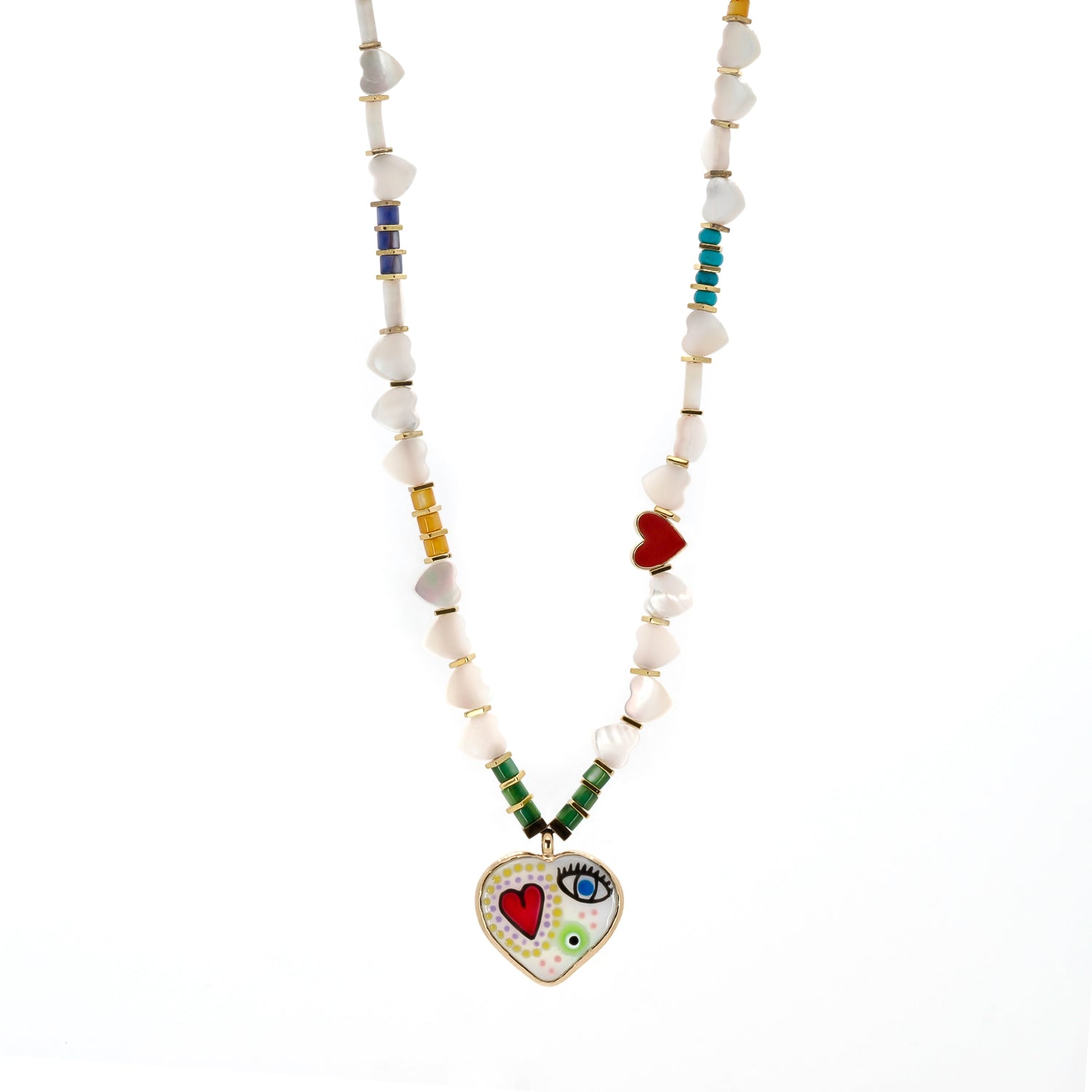 Pearl Heart Beaded Necklace with Red Heart & Evil Eye Pendant