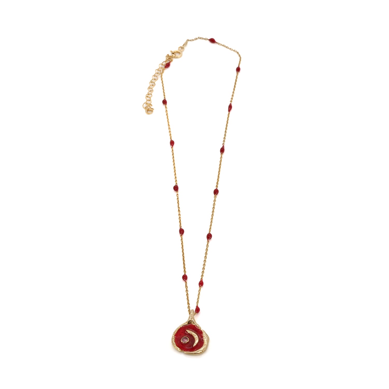 Red Moon Pendant Gold &amp; Enamel Chain Necklace