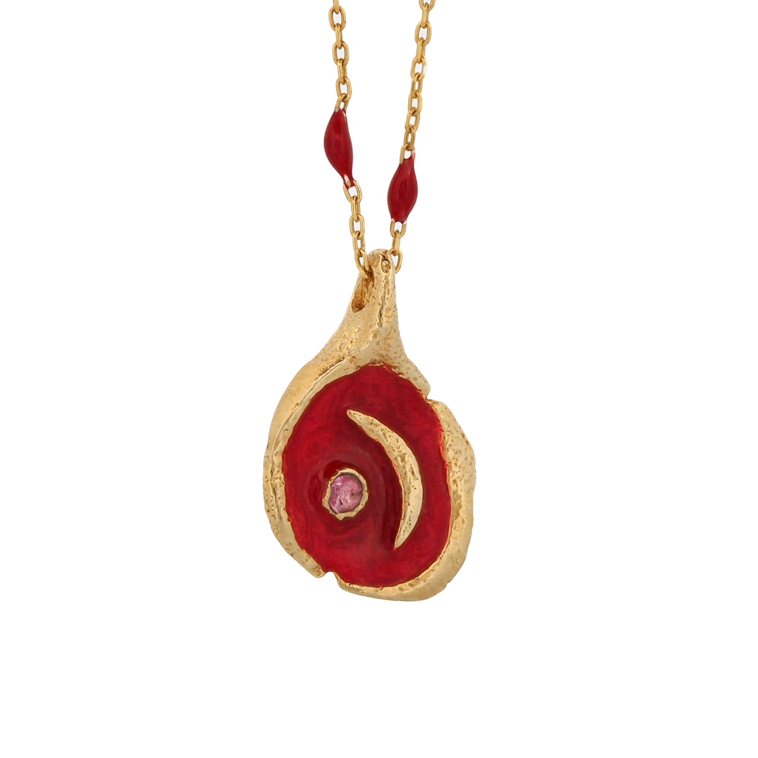 Red Moon Pendant Gold &amp; Enamel Chain Necklace