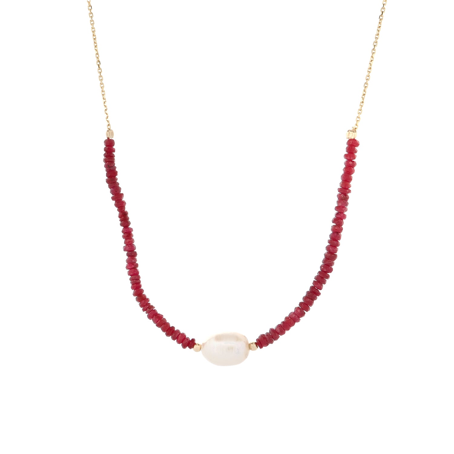 Handcrafted Ruby and Pearl Choker Necklace with 14K Solid Gold Chain for Love and Grace
