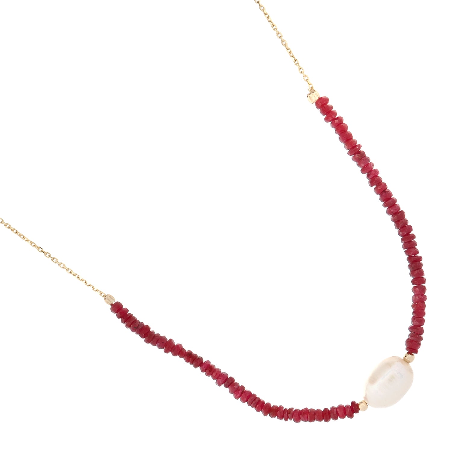 14K Yellow Gold Choker Necklace with Ruby Gemstone and Pearl for a Chic, Elegant Look
