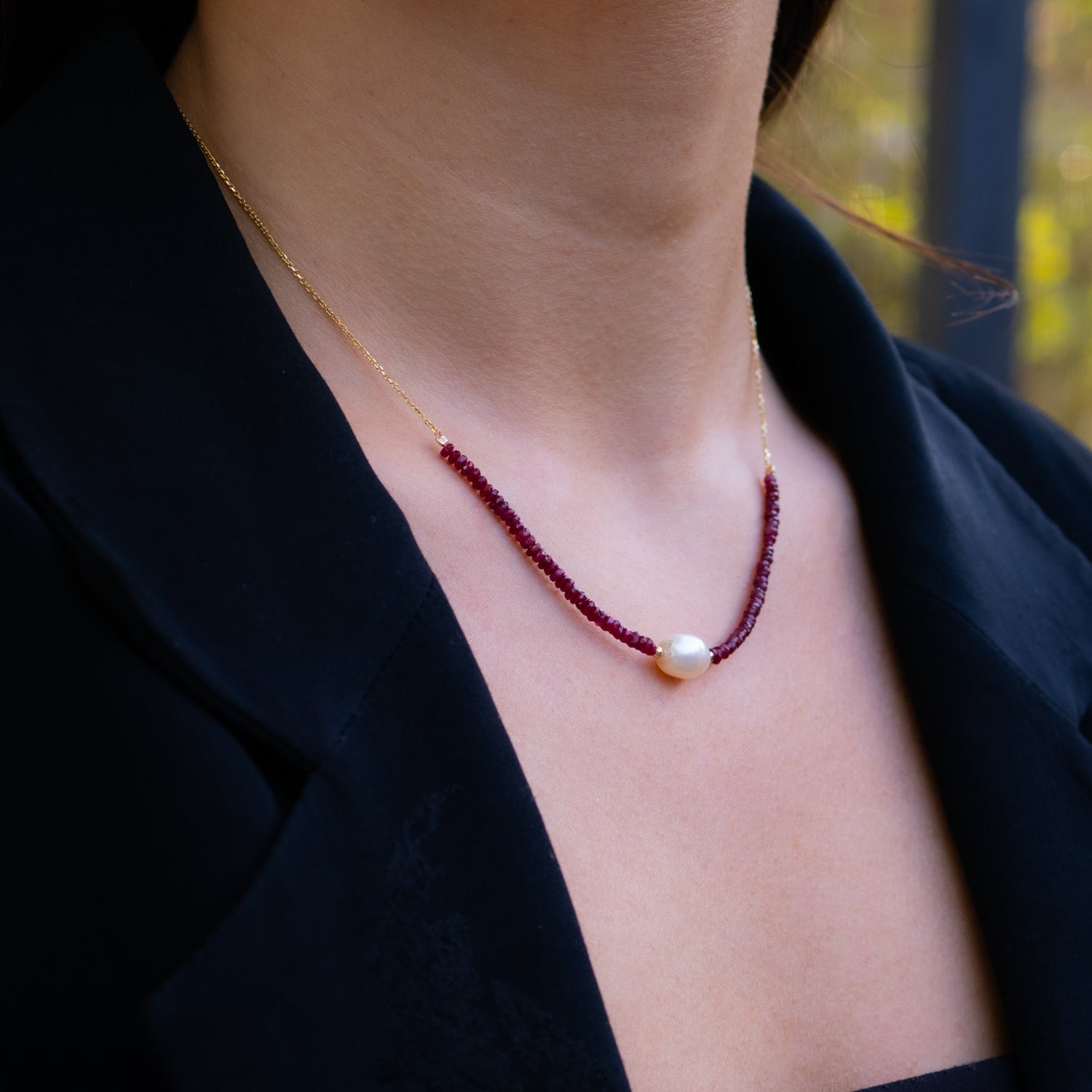 14K Gold Choker Necklace with Ruby and Pearl Gemstones for a Luxurious, Meaningful Design
