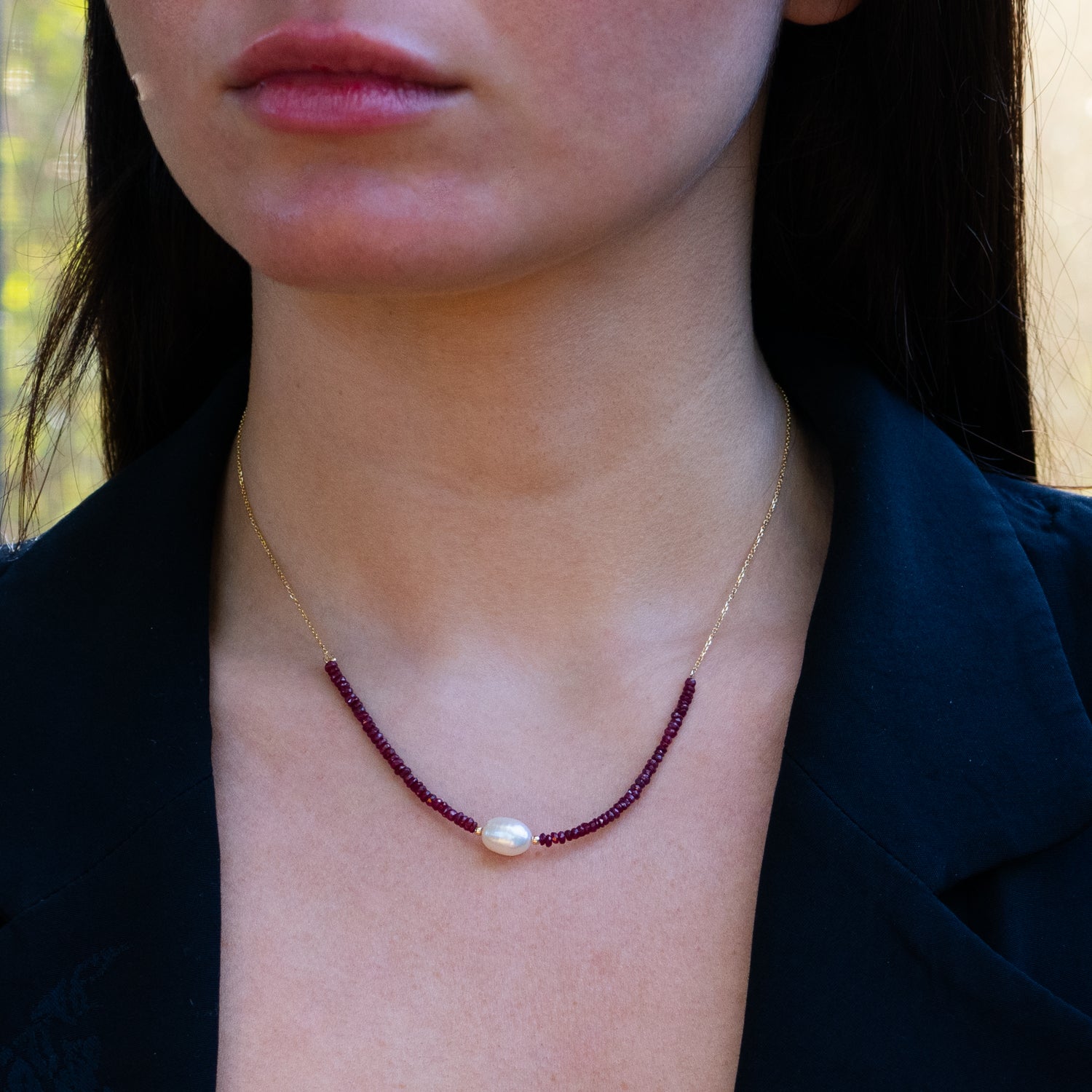 Elegant Ruby Gemstone Choker Necklace with Pearl and 14K Gold Chain for Timeless Beauty
