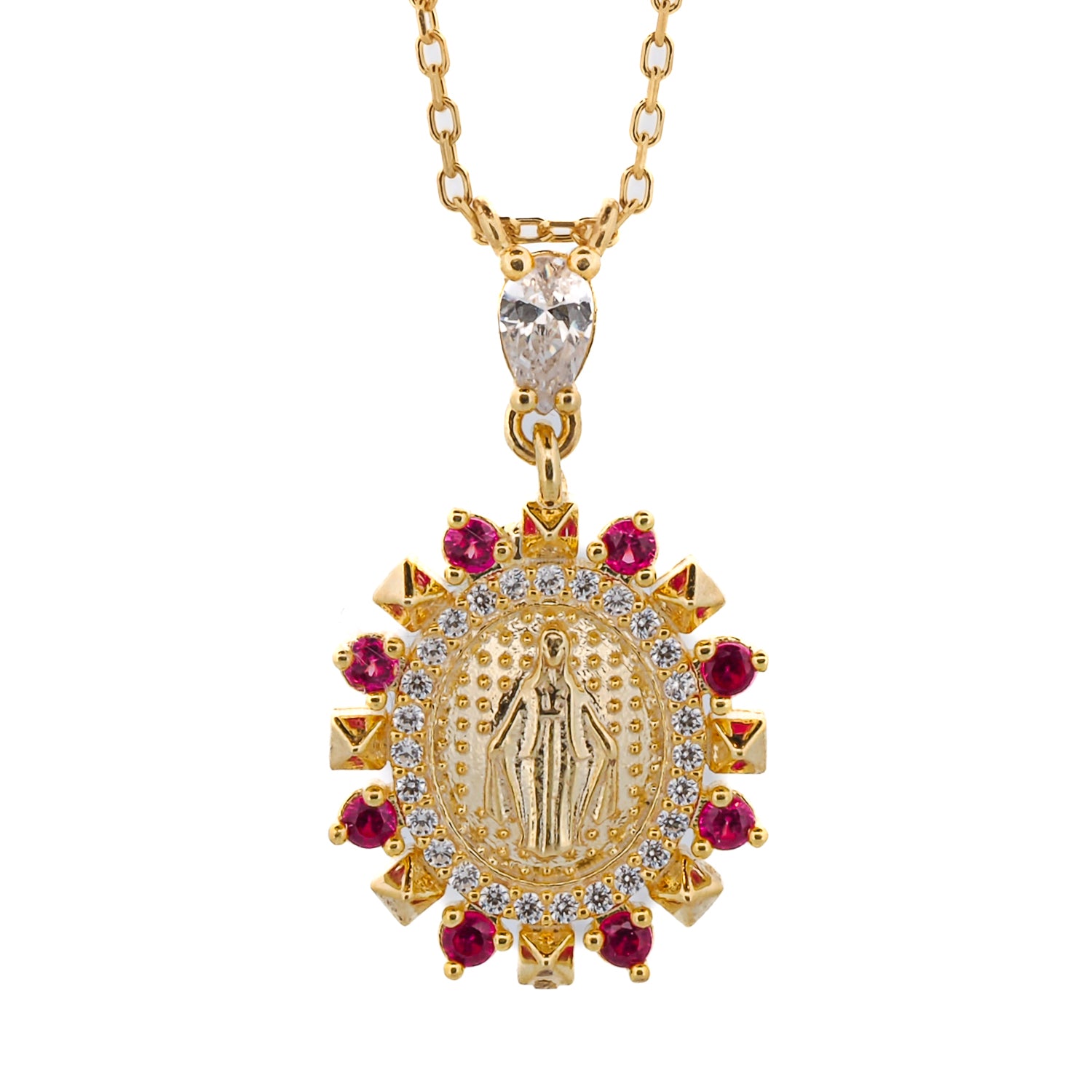 Pink & Diamond Virgin Mary Pendant Gold Chain Necklace with 18K gold plated sterling silver.