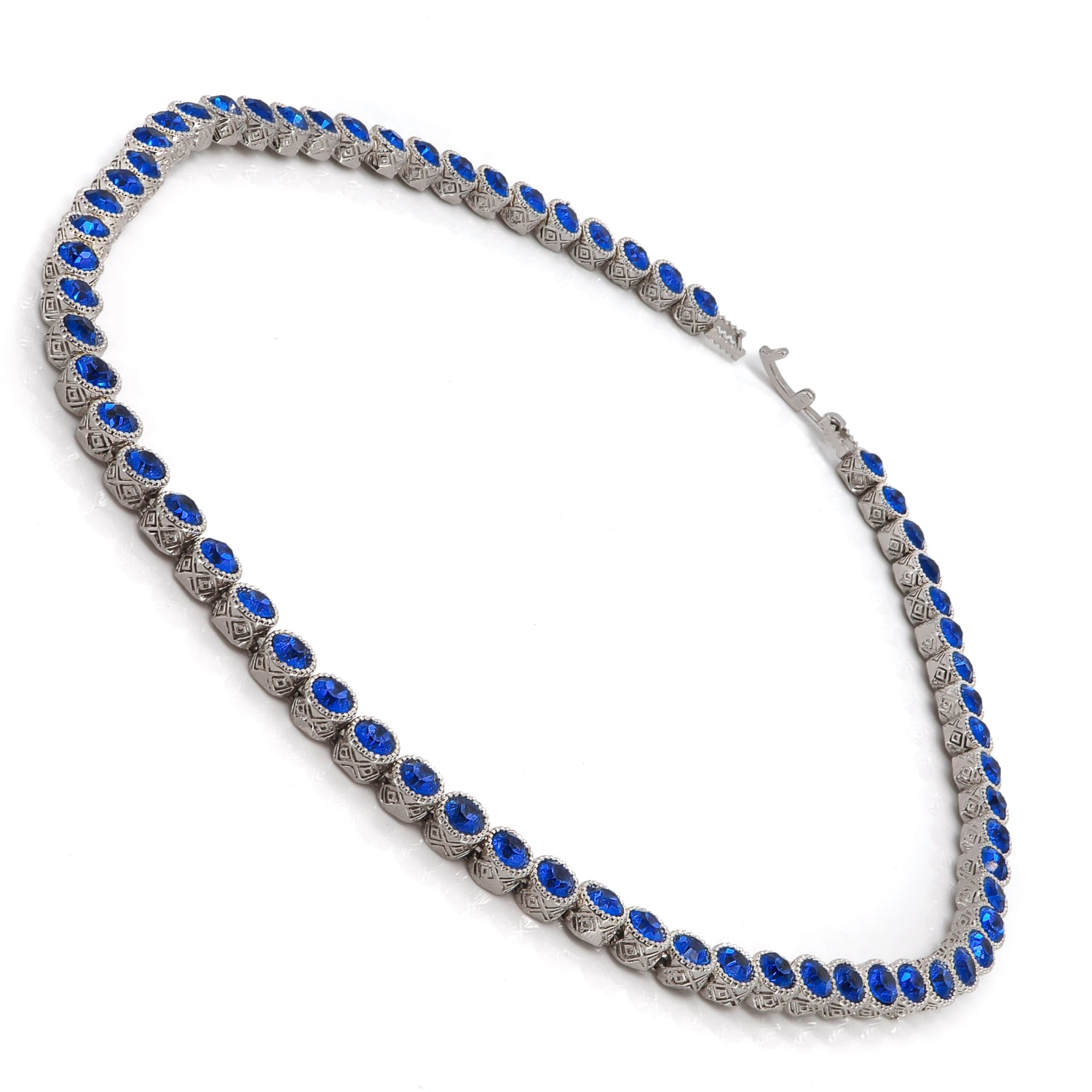 Blue Sapphire Tennis Necklace, Silver-Plated, a Mystic Symbol for Wisdom, Confidence, and Clarity
