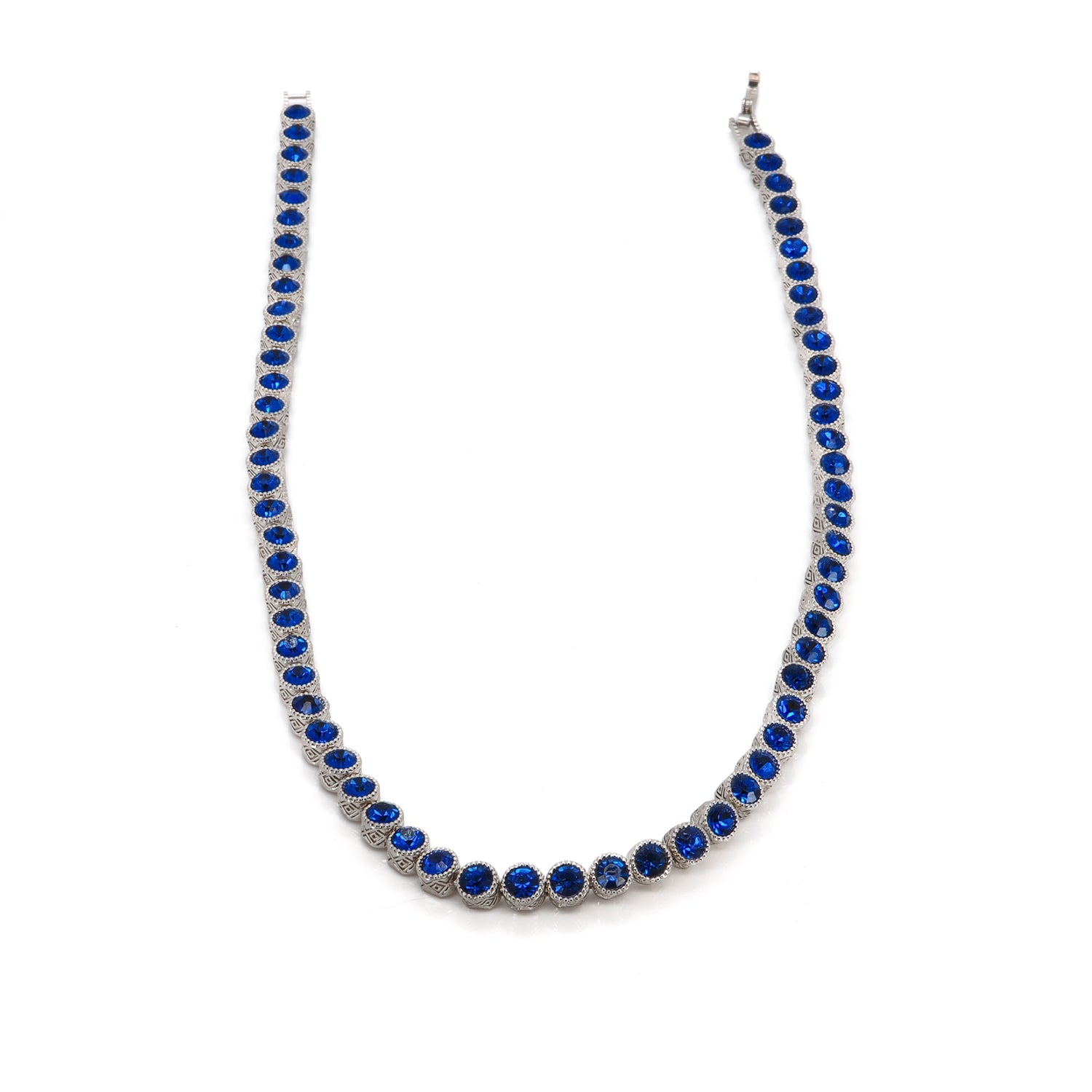 Blue Sapphire and Silver-Plated Tennis Necklace, Balancing Chakras and Enhancing Intuition
