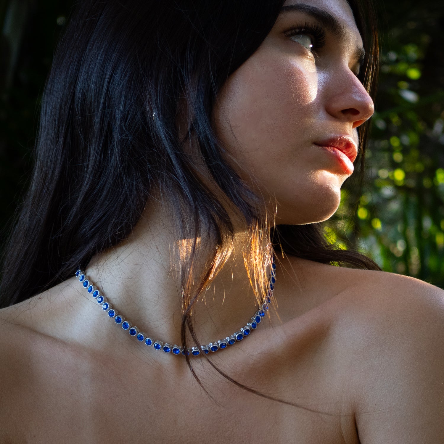 Blue Sapphire Tennis Necklace, Silver-Plated, a Symbol of Wisdom, Protection, and Strength
