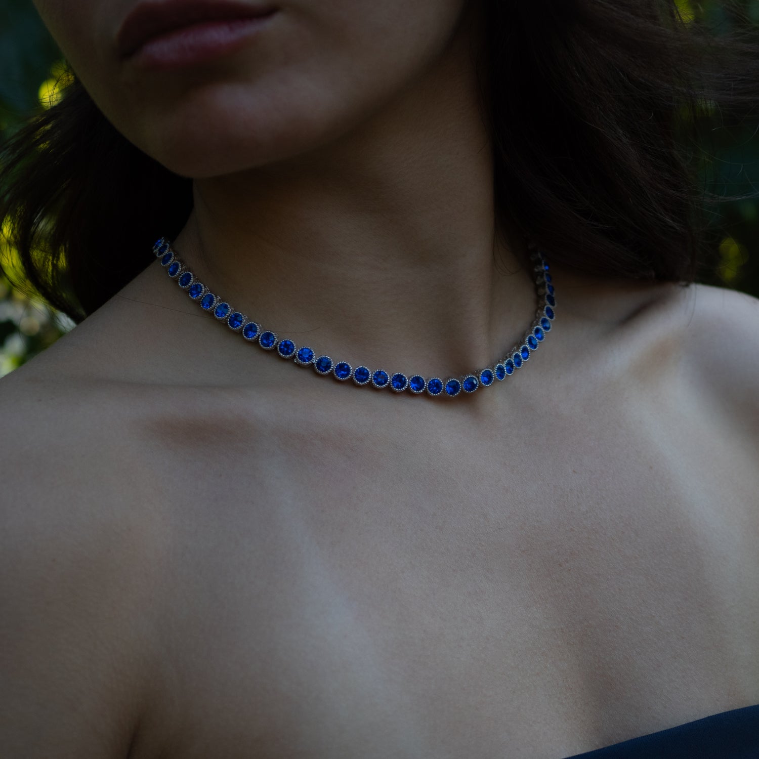 Handmade Blue Sapphire Tennis Necklace, Silver-Plated on Bronze, for Wisdom and Confidence
