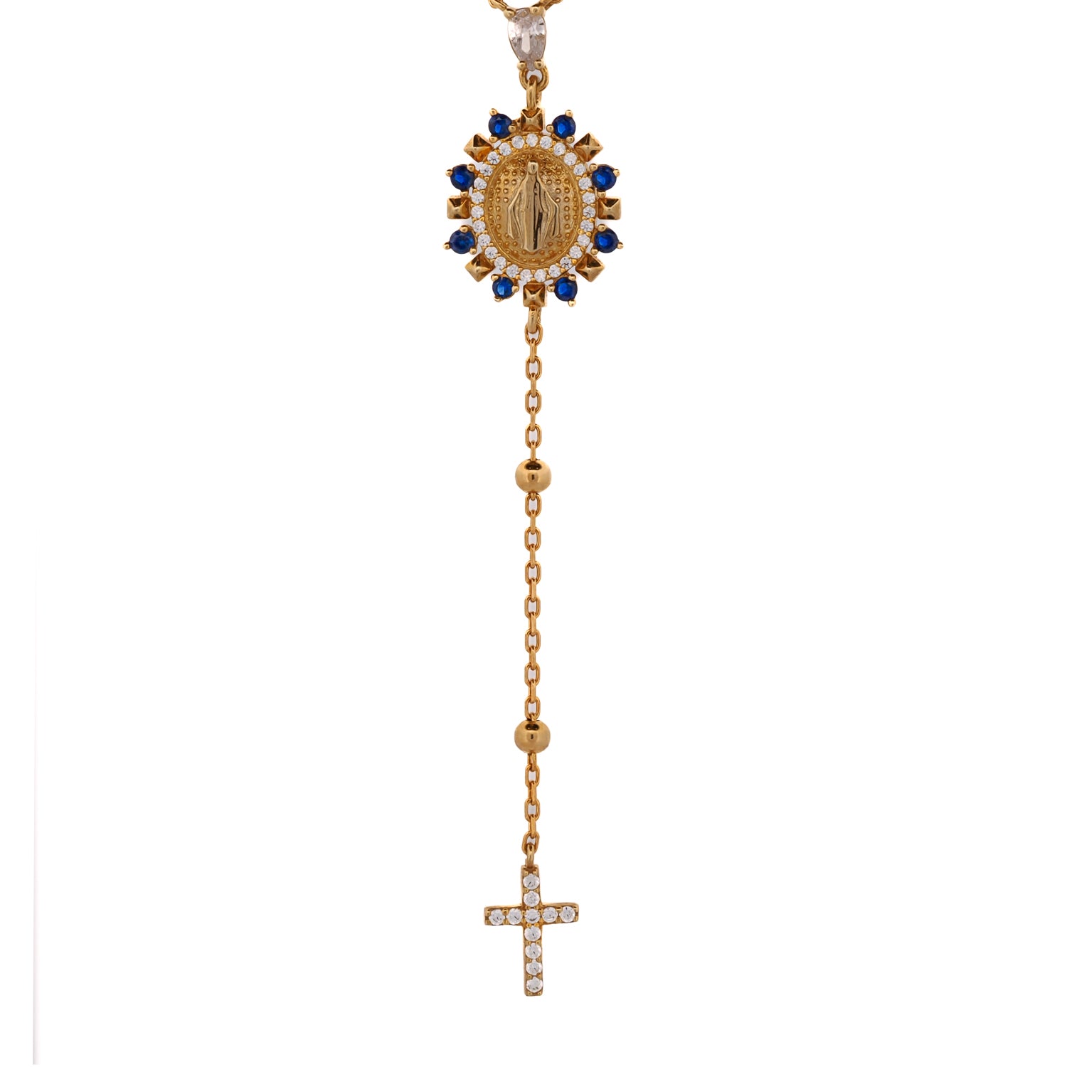 Elegant Gold Chain Necklace with Sapphire and Diamond Virgin Mary Pendant