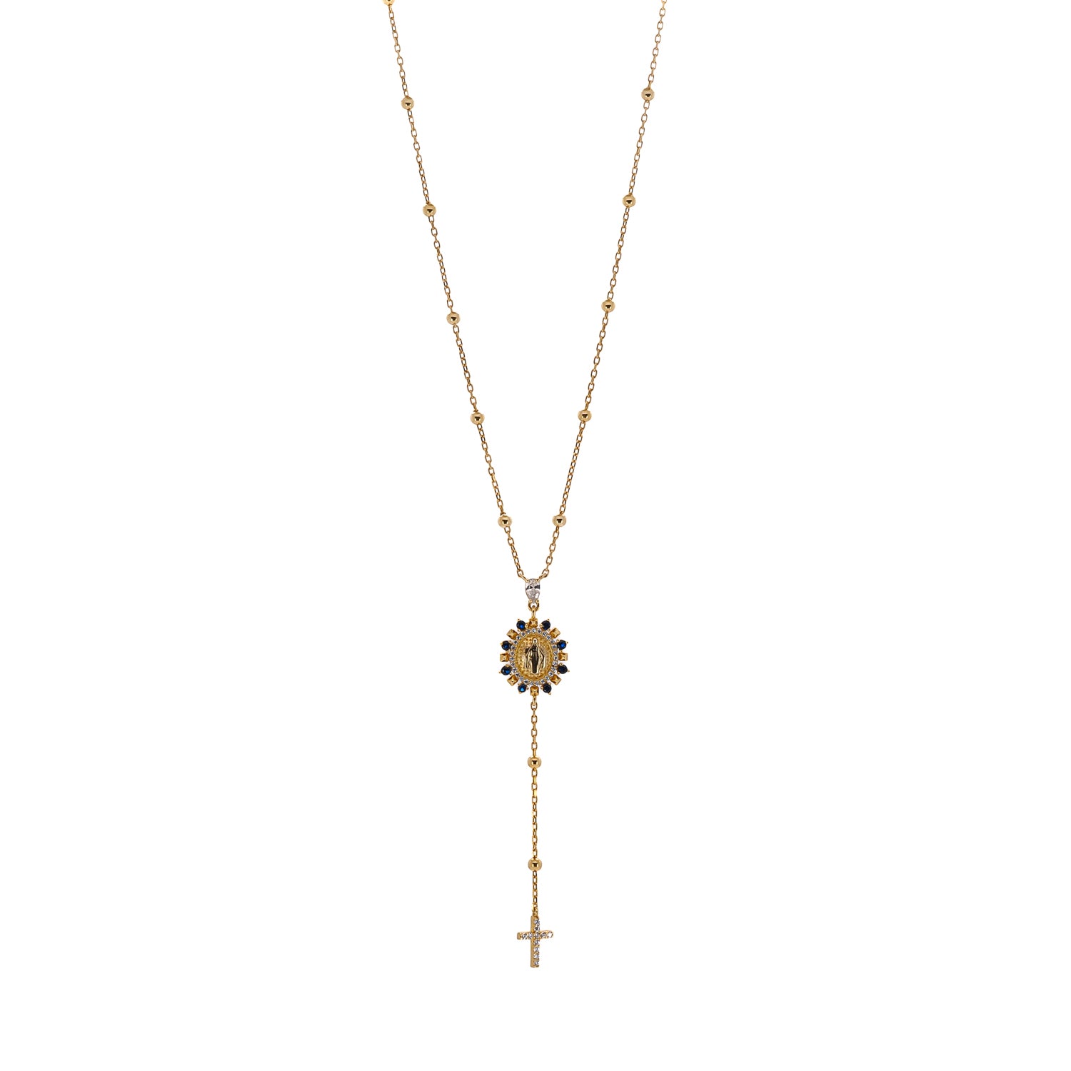 Luxurious Virgin Mary Pendant with Sapphires and Diamond Cross Necklace