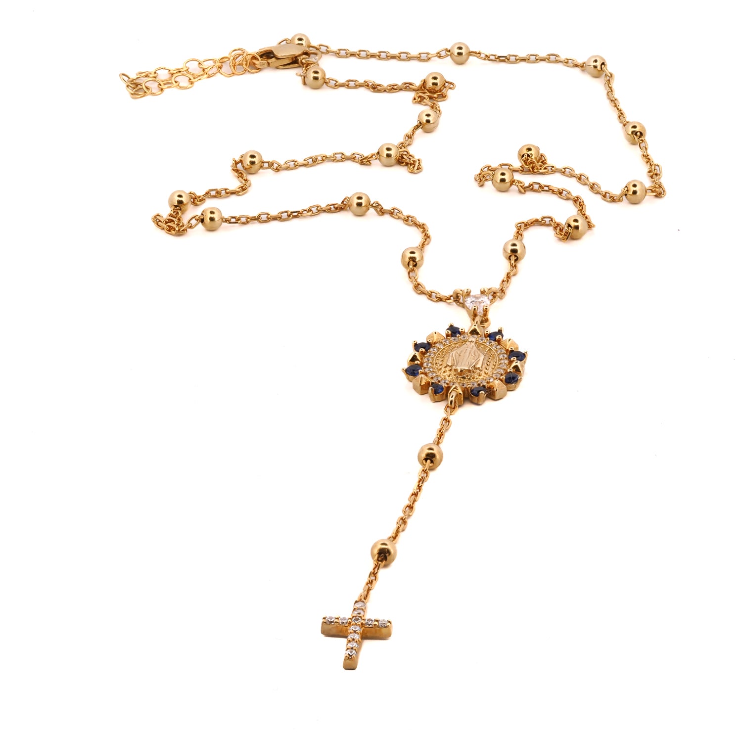 Spiritual Sapphire and Diamond Virgin Mary Cross Necklace