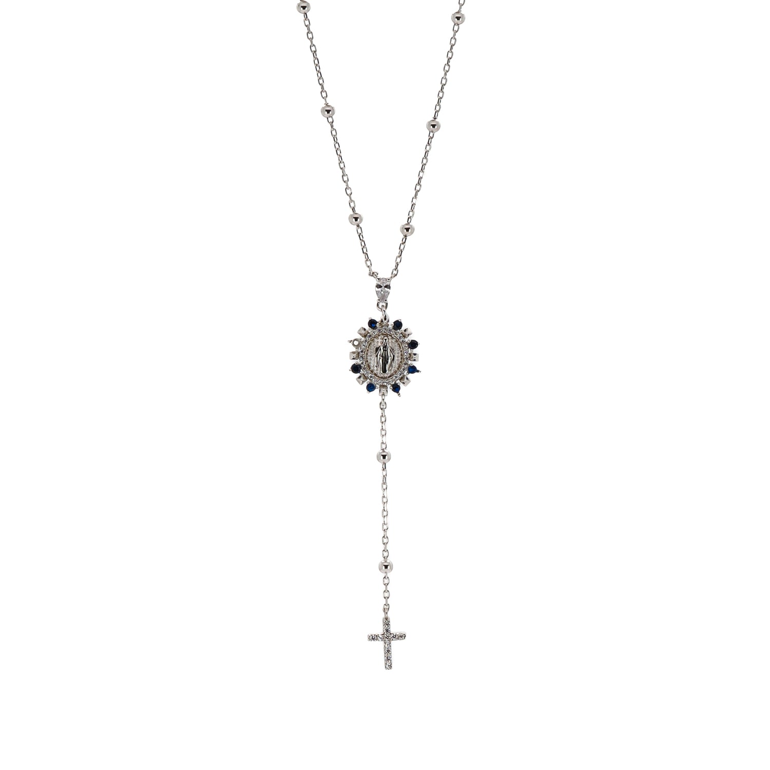 Spiritual Sapphire and Diamond Virgin Mary Cross Necklace