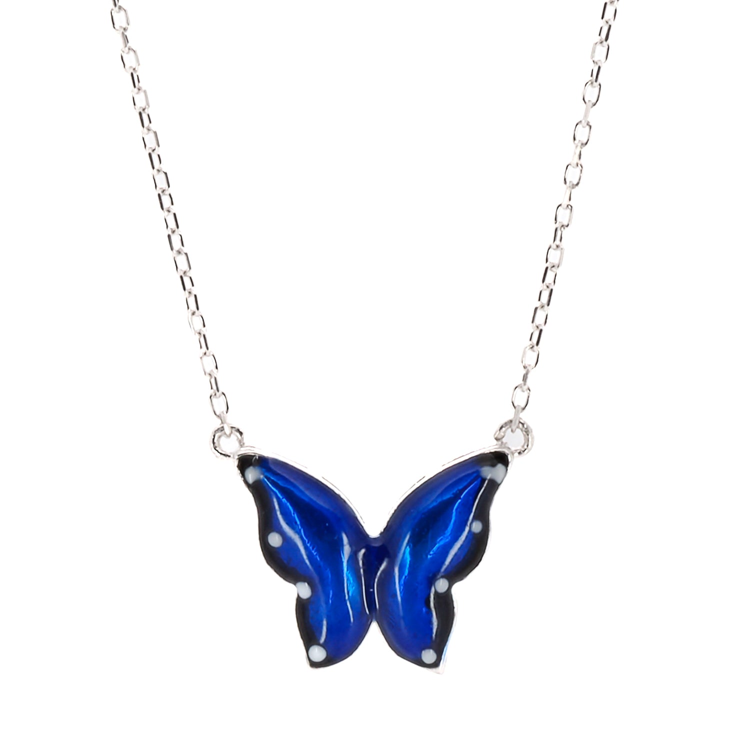 Silver Spiritual Blue Enamel Butterfly Necklace featuring a captivating butterfly pendant with blue enamel on a 925 sterling silver chain.