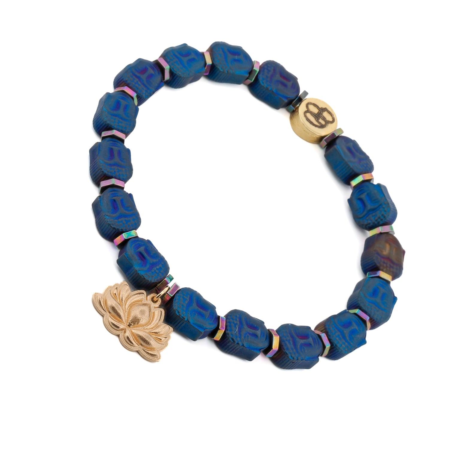 Lotus Flower In Gold &amp; Blue Hematite Stone Buddha Beaded Bracelet