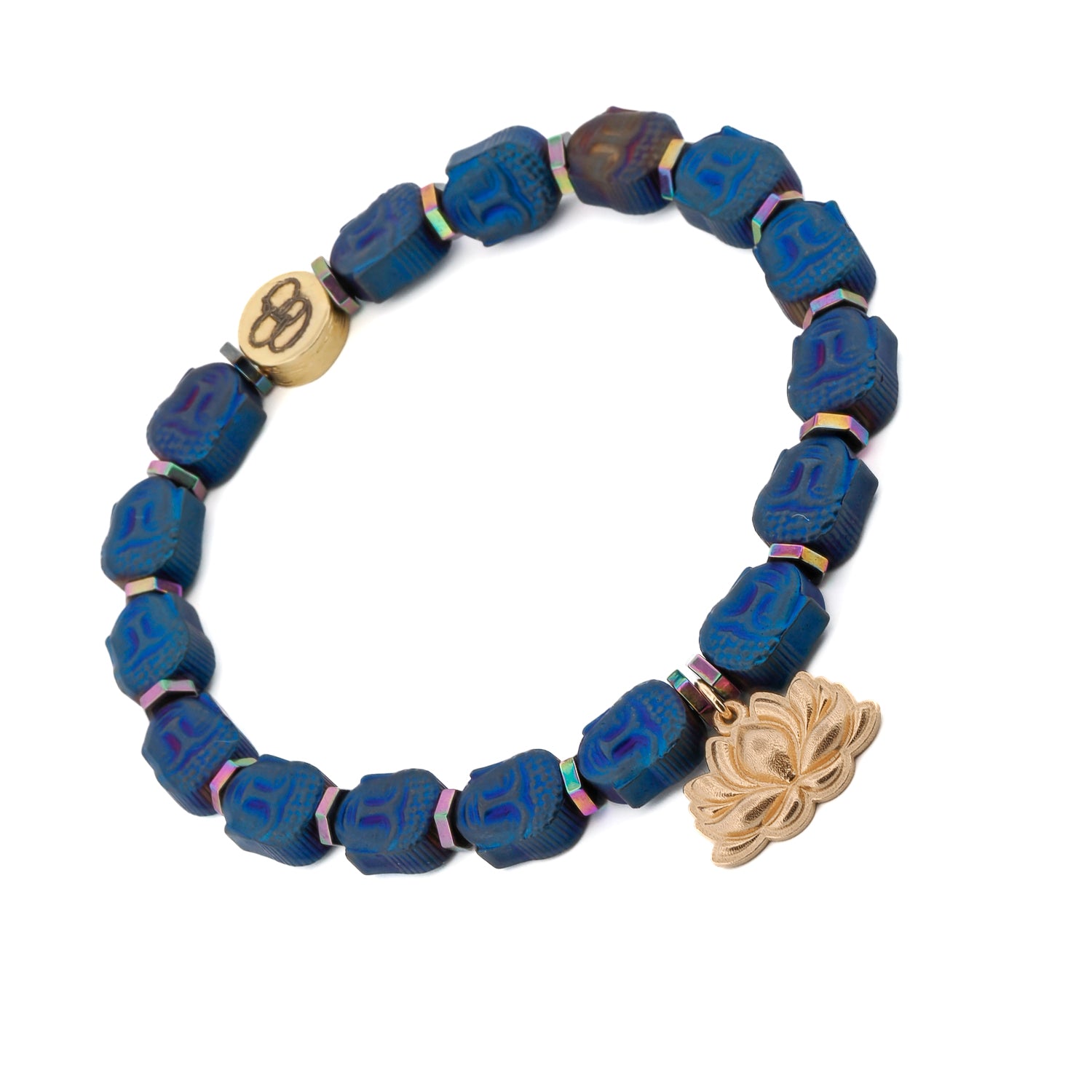 Lotus Flower In Gold &amp; Blue Hematite Stone Buddha Beaded Bracelet
