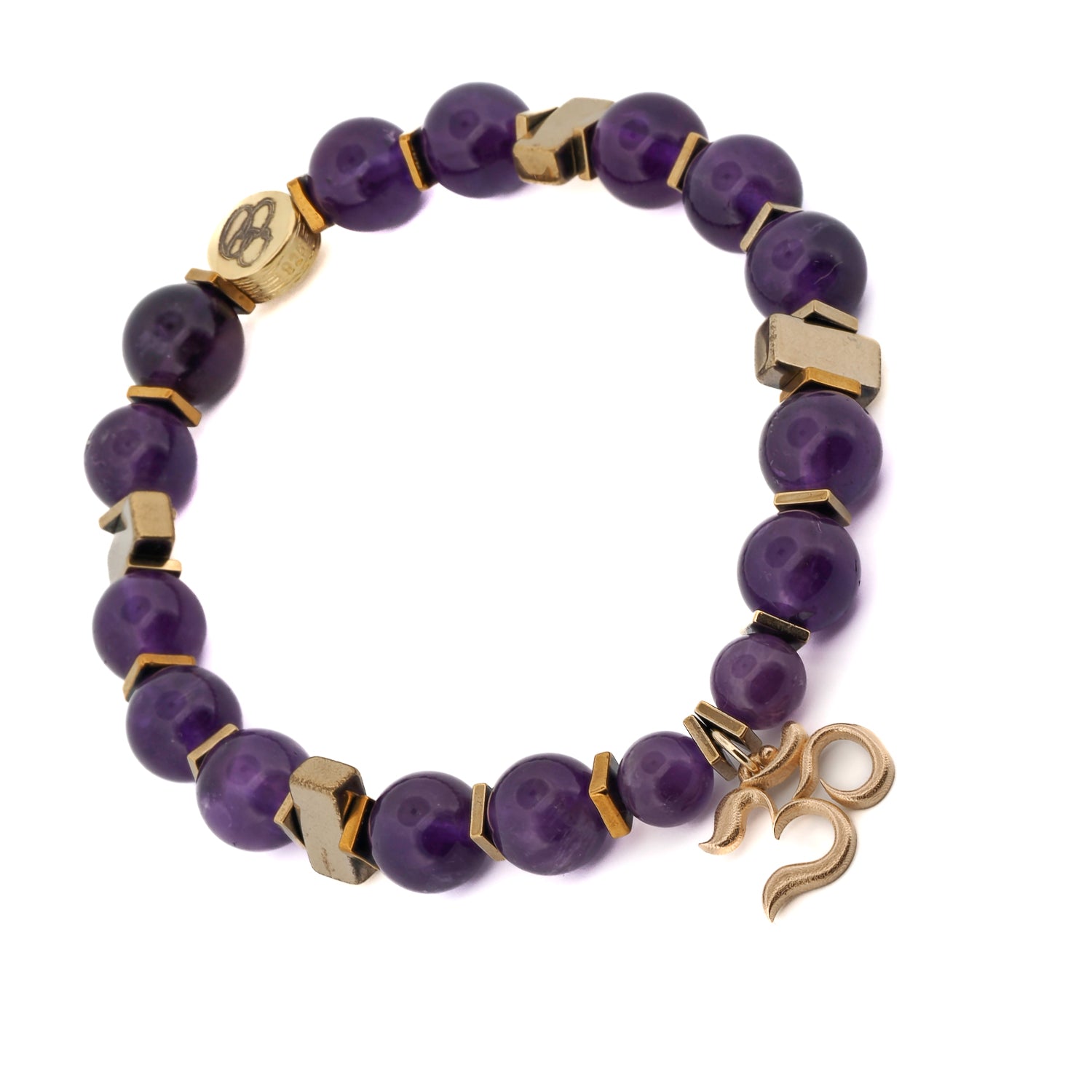 Solid Gold Om Mantra Charm Healing Amethyst Stone Beaded Bracelet