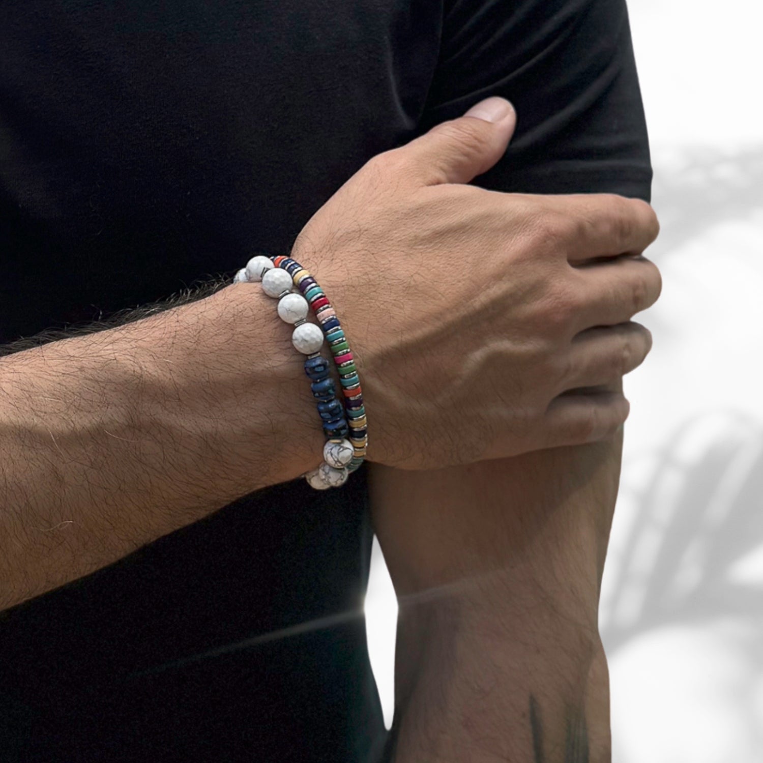 Men's Spiritual Energy Bracelet with white howlite beads and blue Nepal beads, perfect for a vibrant and balanced look