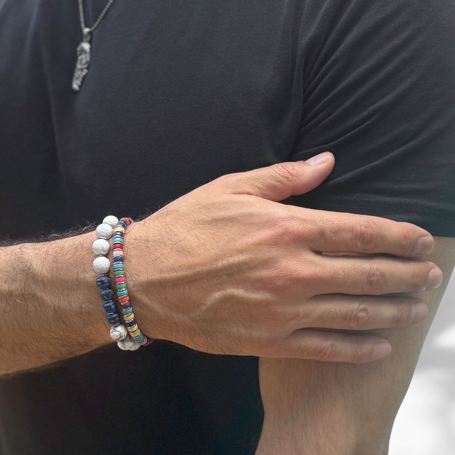 Men's White Howlite and Blue Spiritual Beaded Bracelet, handcrafted for a serene and balanced look with cultural significance