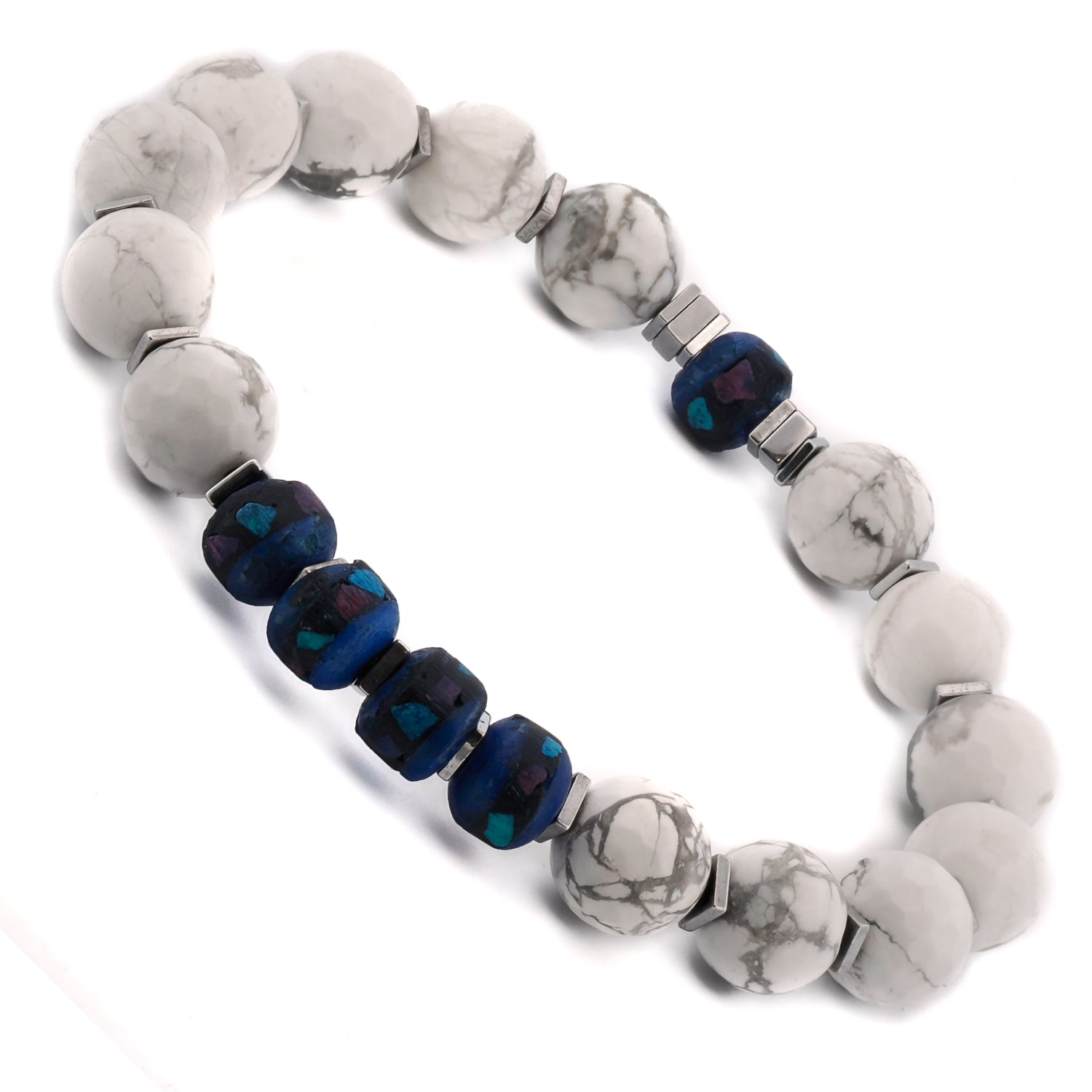 Handcrafted White & Blue Energy Bracelet with calming white howlite beads and striking blue Nepal beads for spiritual enhancement