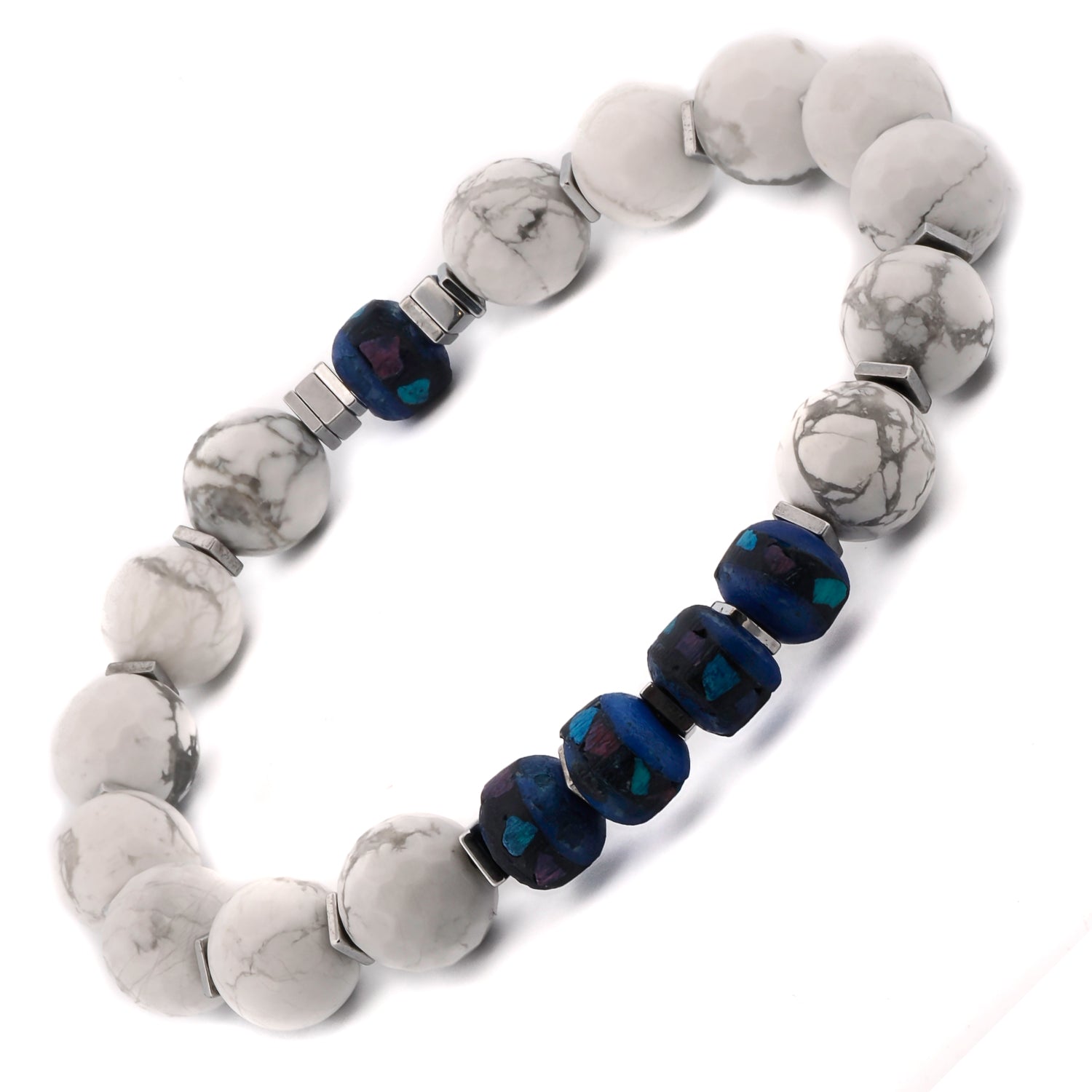 Positive Energy White Howlite and Blue Nepal Beaded Bracelet, handcrafted for a unique and uplifting men's accessory