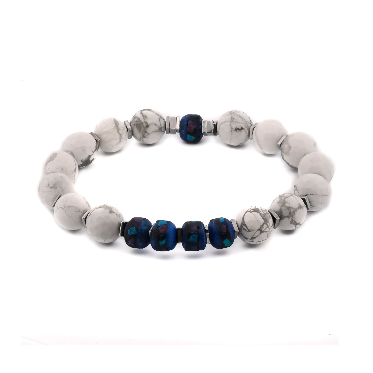 Spiritual Beaded White & Blue Energy Bracelet featuring 10mm white howlite stone beads, known for their calming properties, and vibrant blue Nepal beads