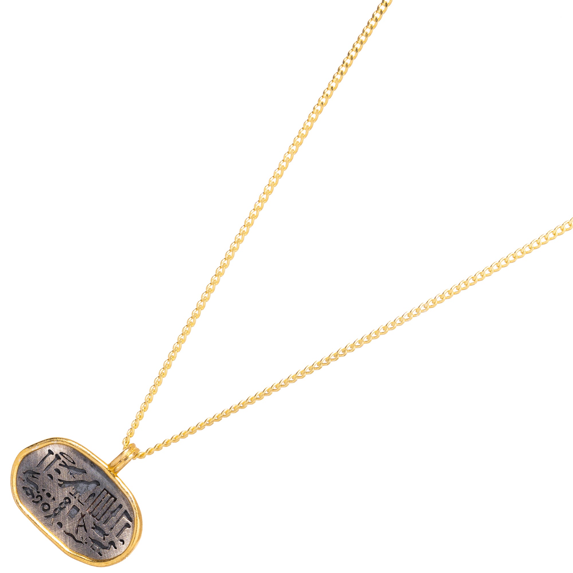 Minimalist oval pendant necklace with spiritual Egyptian symbols in sterling silver and 18k gold plating.