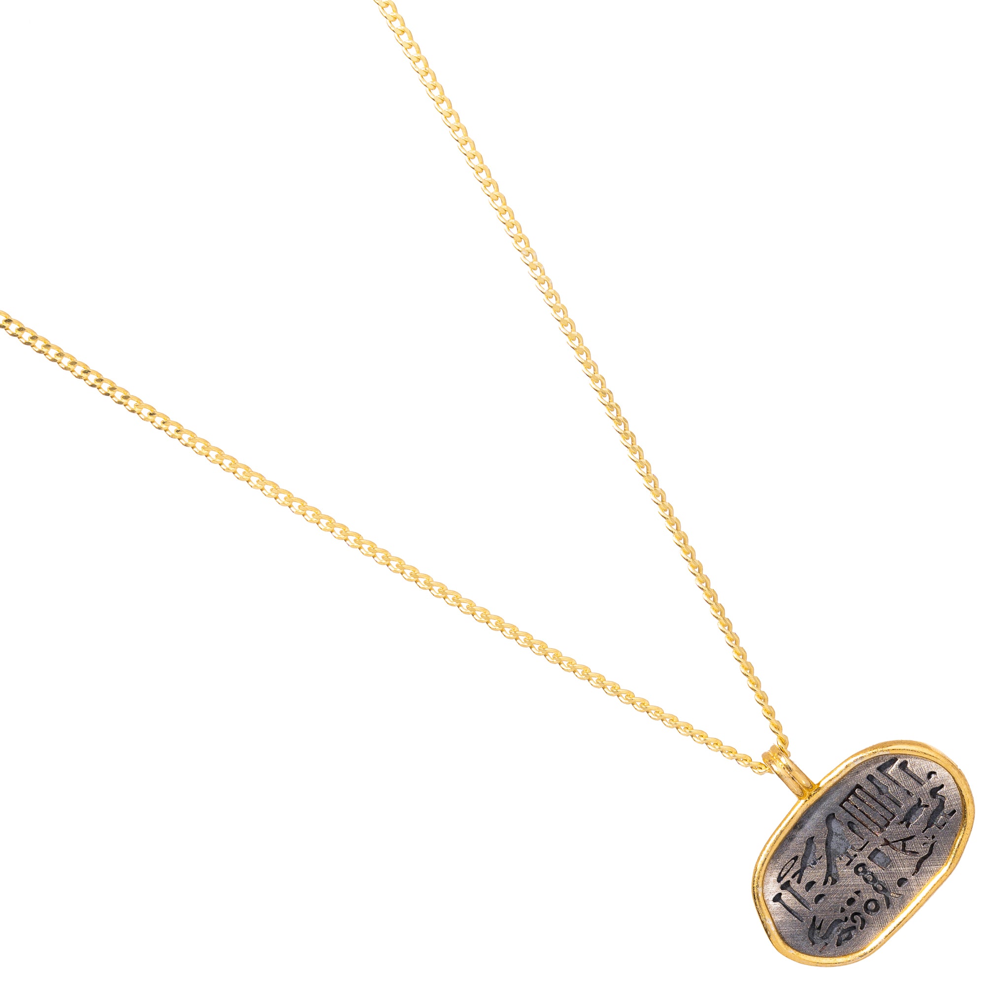 Elegant and dainty necklace with a silver oval pendant and Egyptian symbols, framed in gold for added beauty.