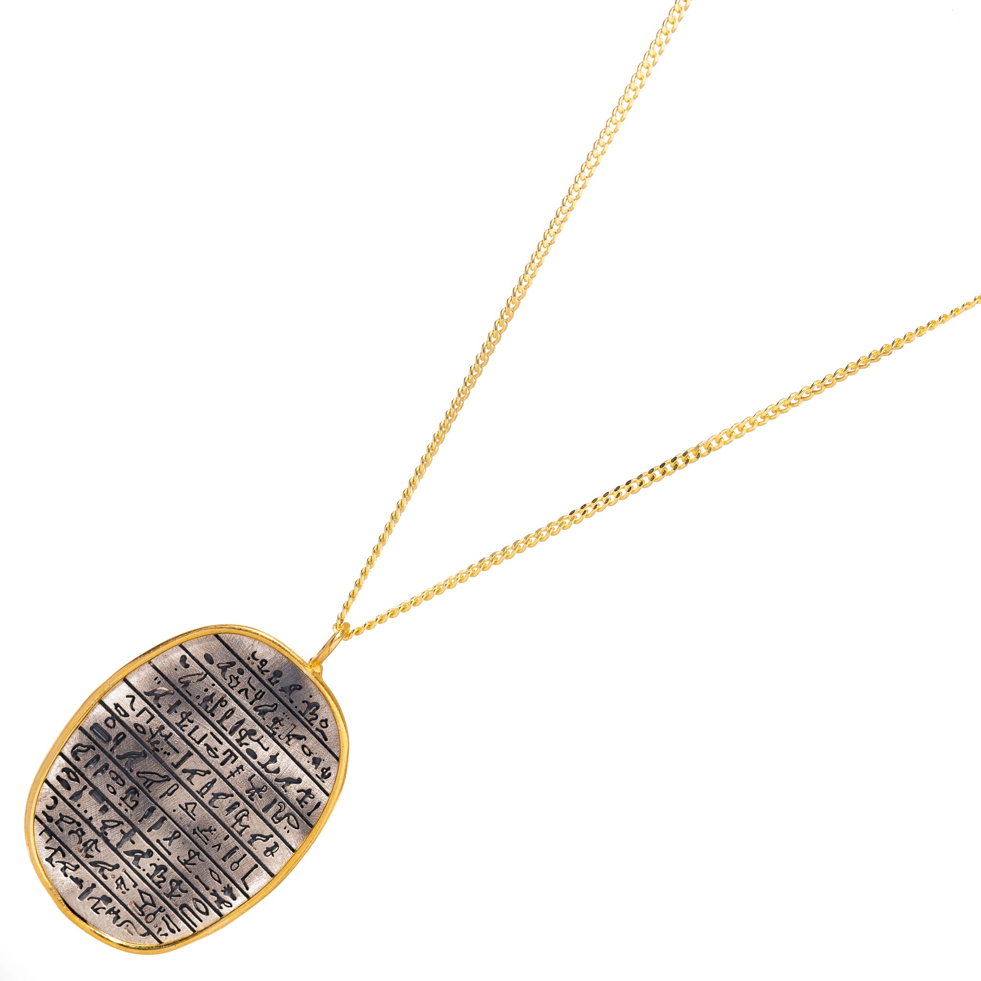 Egyptian Symbols necklace with a sterling silver pendant and 18k gold-plated frame and chain.