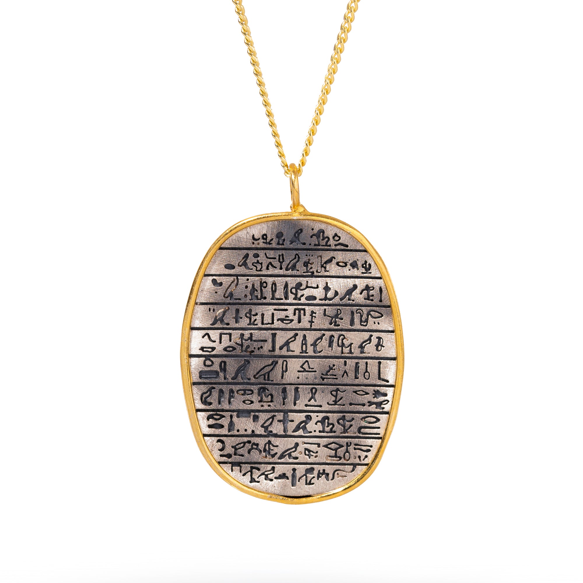 Sterling silver and gold pendant necklace with Egyptian spiritual symbols, offering protection and guidance.