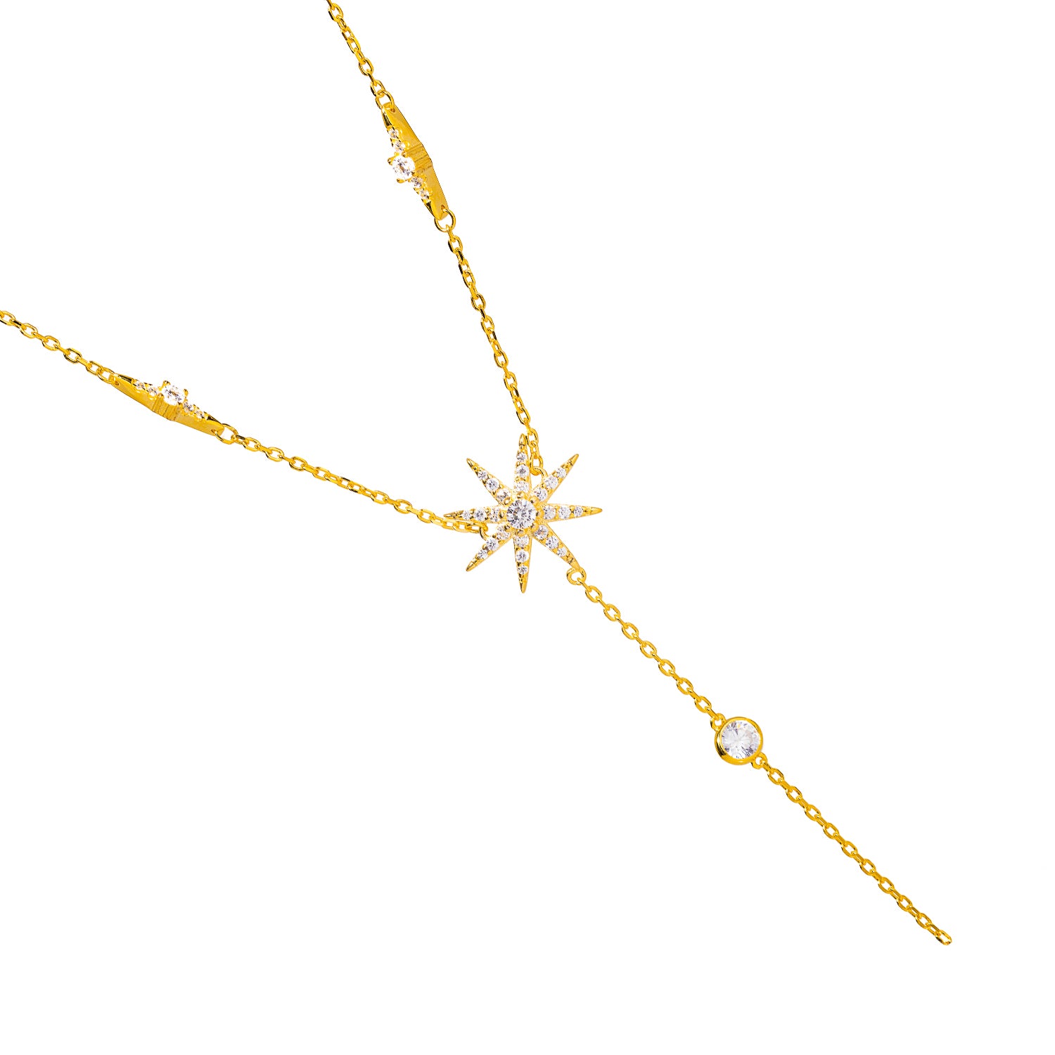 Unique 18K gold-plated sterling silver necklace with a star-shaped pendant and cascading diamonds along the chain, handmade in the USA.