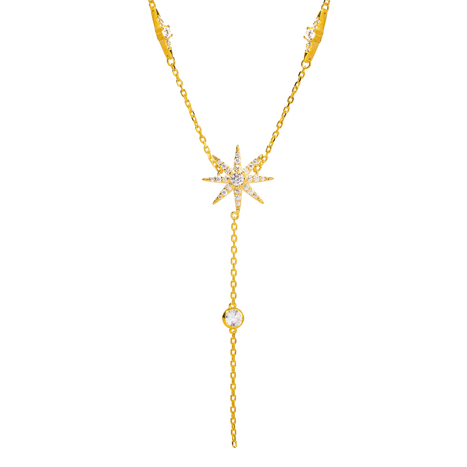 18K gold-plated sterling silver necklace with a star-shaped pendant adorned with sparkling CZ diamonds and additional diamond accents along the chain. 