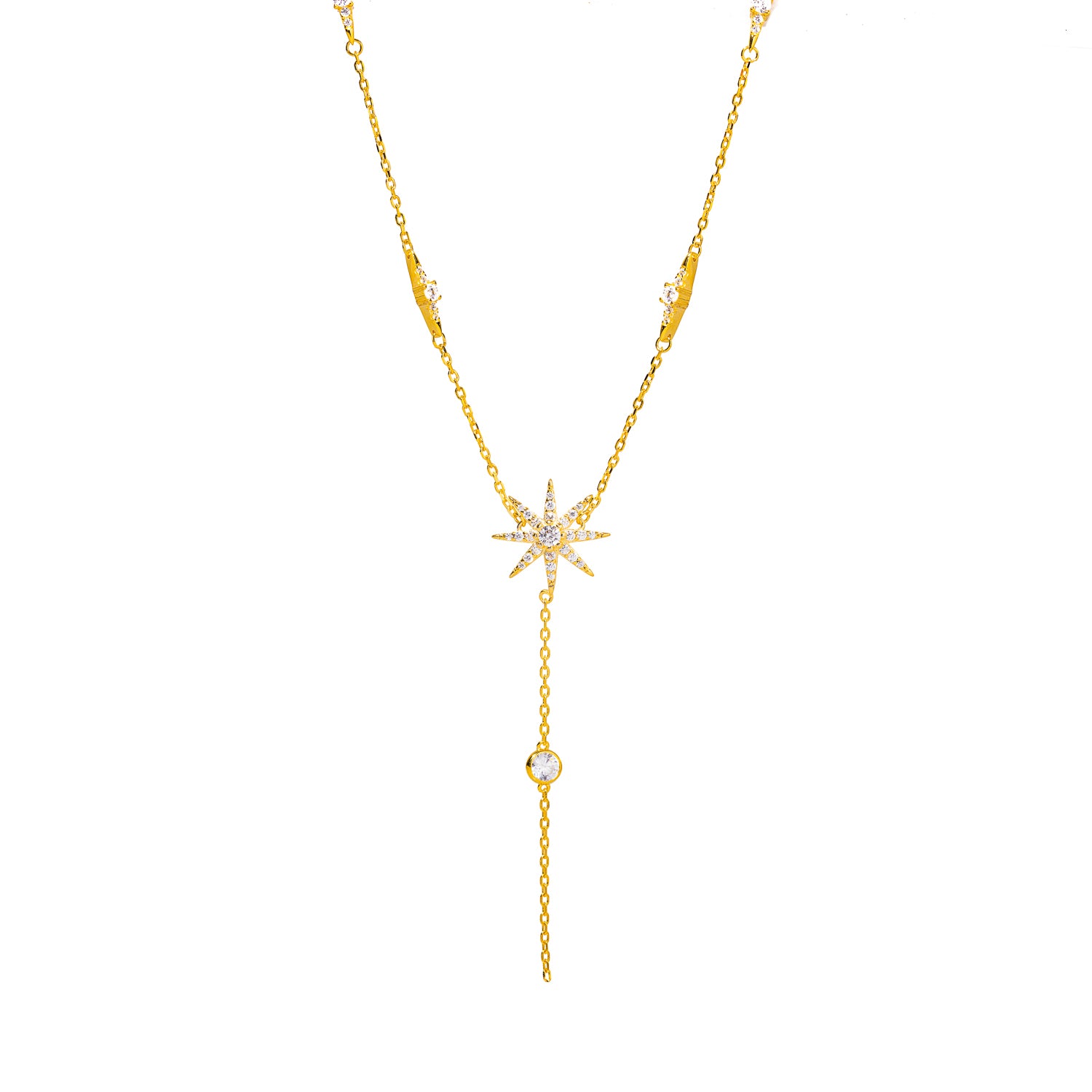 Celestial-inspired gold necklace with a star pendant and sparkling CZ diamonds, enhanced by diamond accents on the delicate chain.