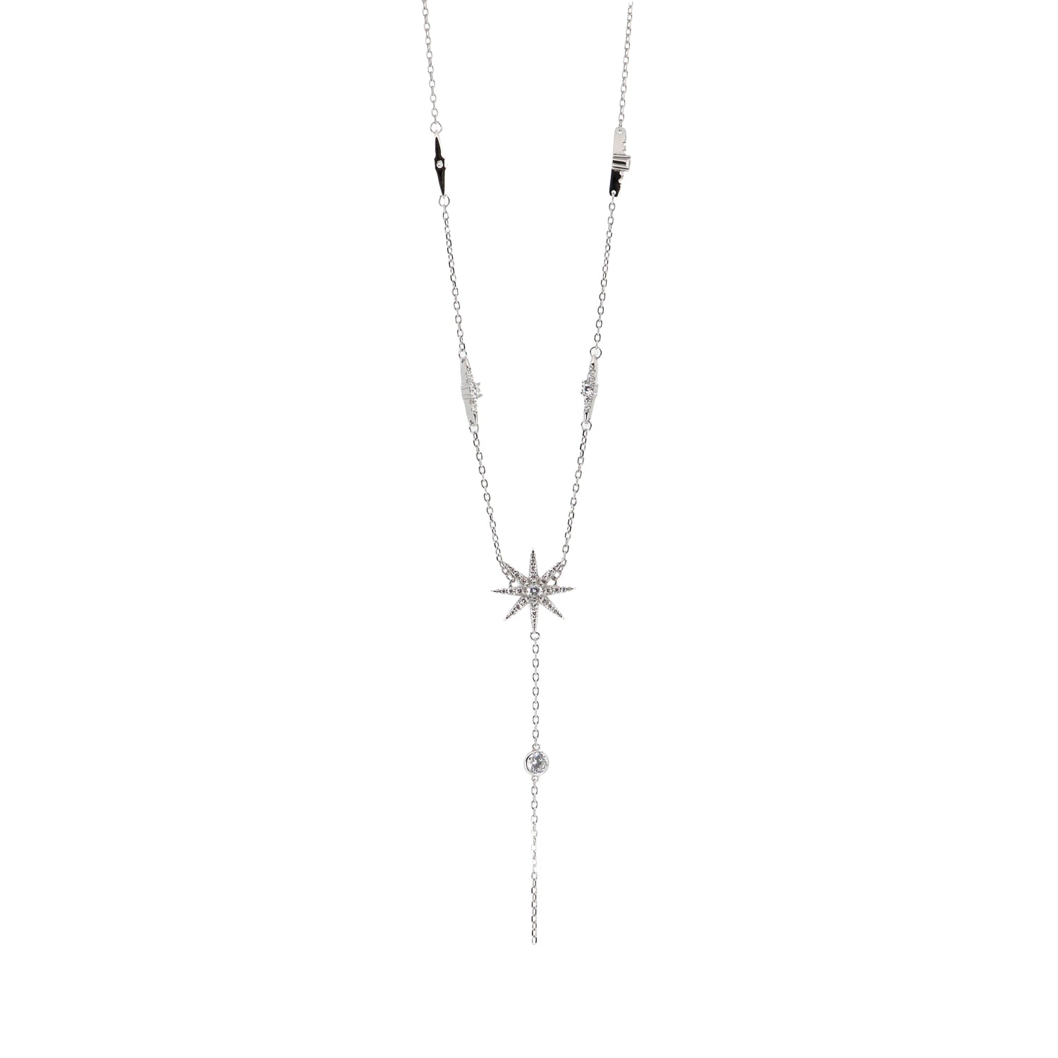 Celestial-inspired sterling silver necklace featuring a star pendant and diamond accents, with a delicate chain and adjustable length.