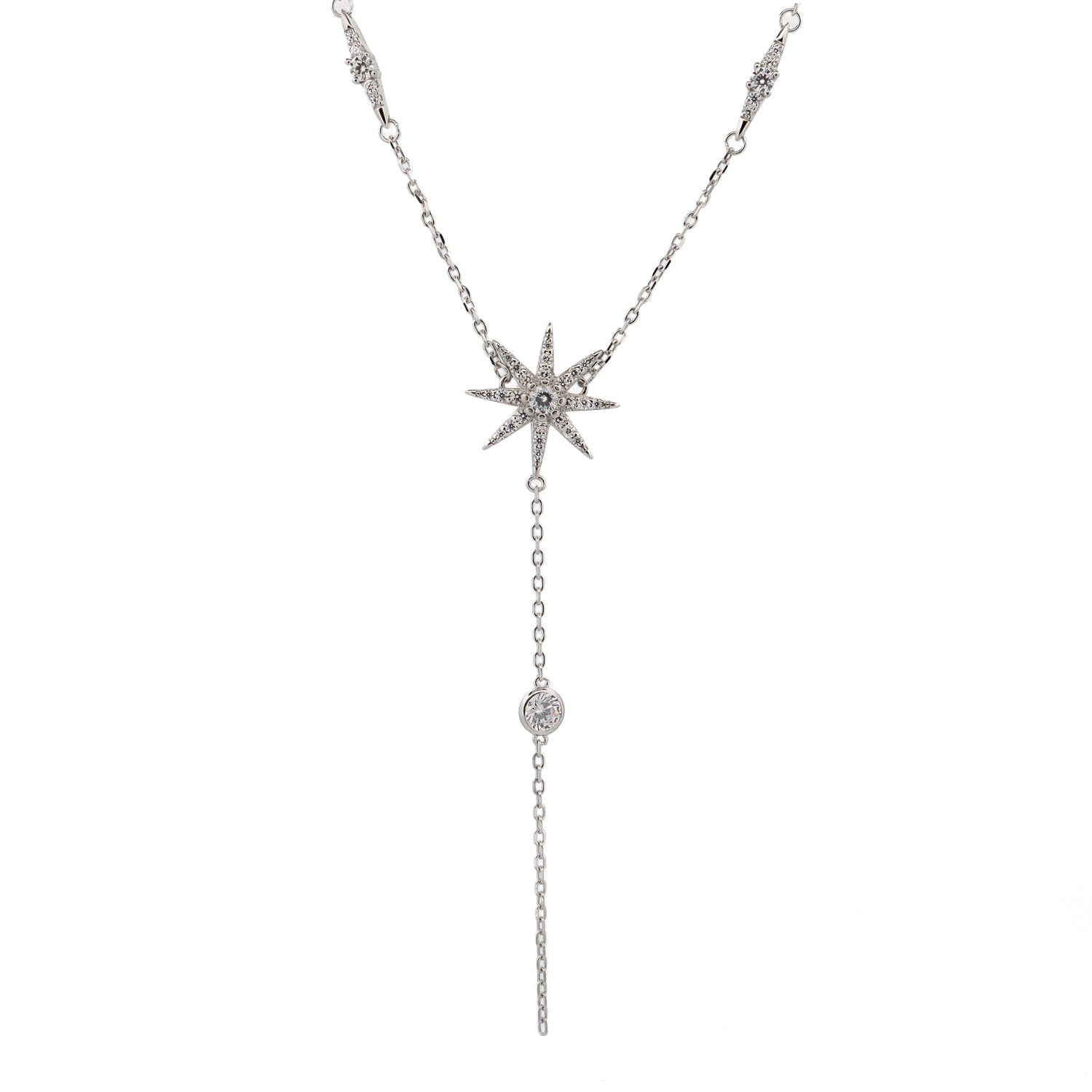 Sterling silver necklace with a star-shaped pendant adorned with sparkling CZ diamonds, featuring additional diamond accents along the chain. 