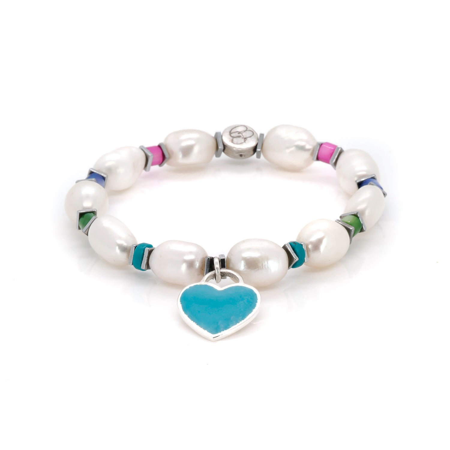 Sterling Silver Blue Enamel Heart Charm Pearl Beaded Bracelet