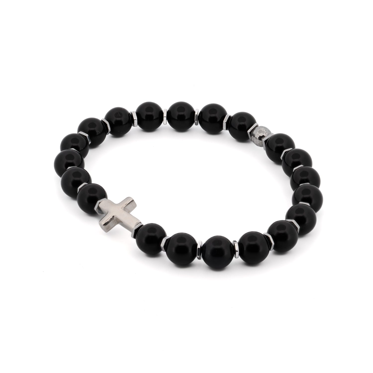 Sterling Silver Cross Black Onyx Beaded Bracelet