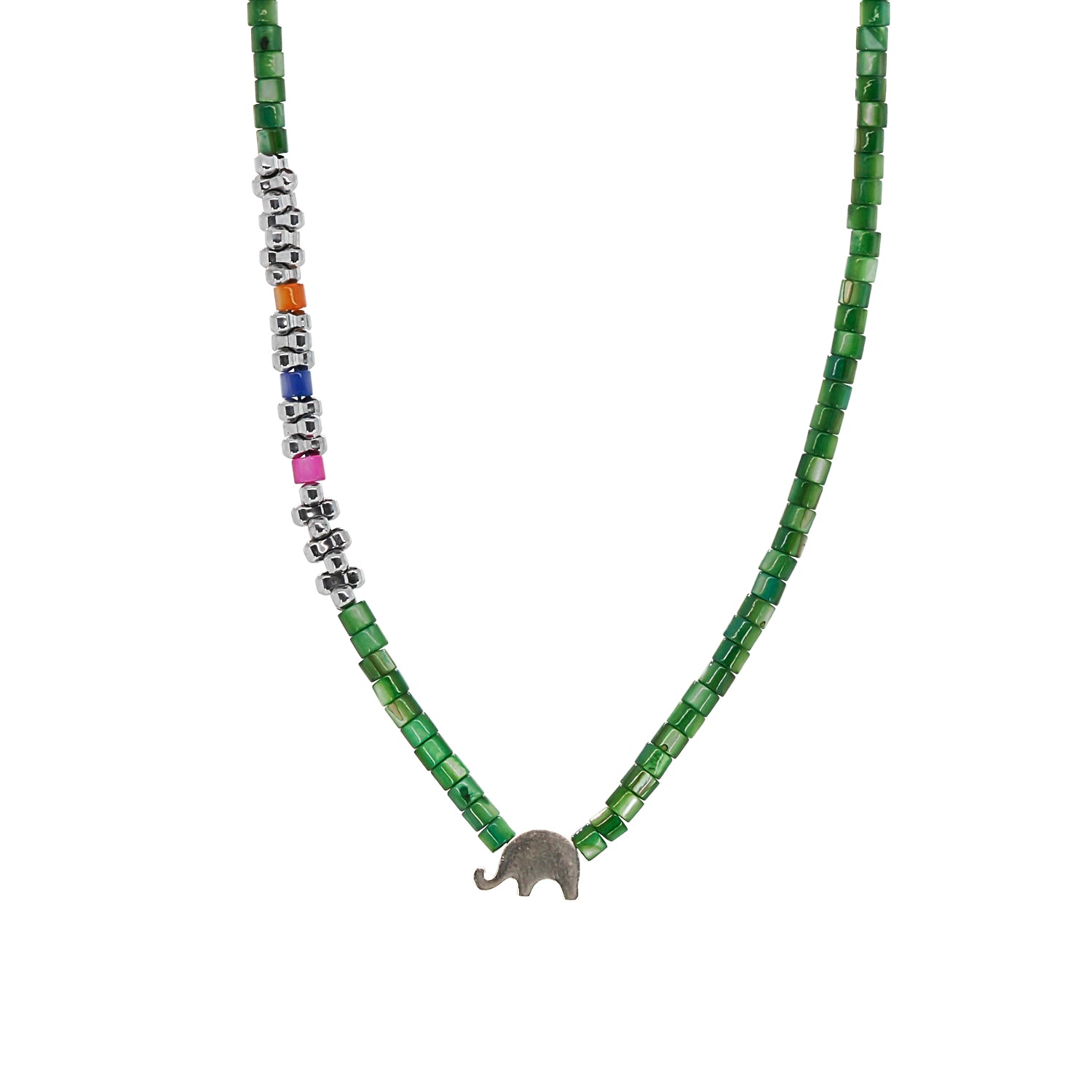 Nature&#39;s Charm: Sterling Silver Elephant Green Choker Necklace with Green Pearl Beads