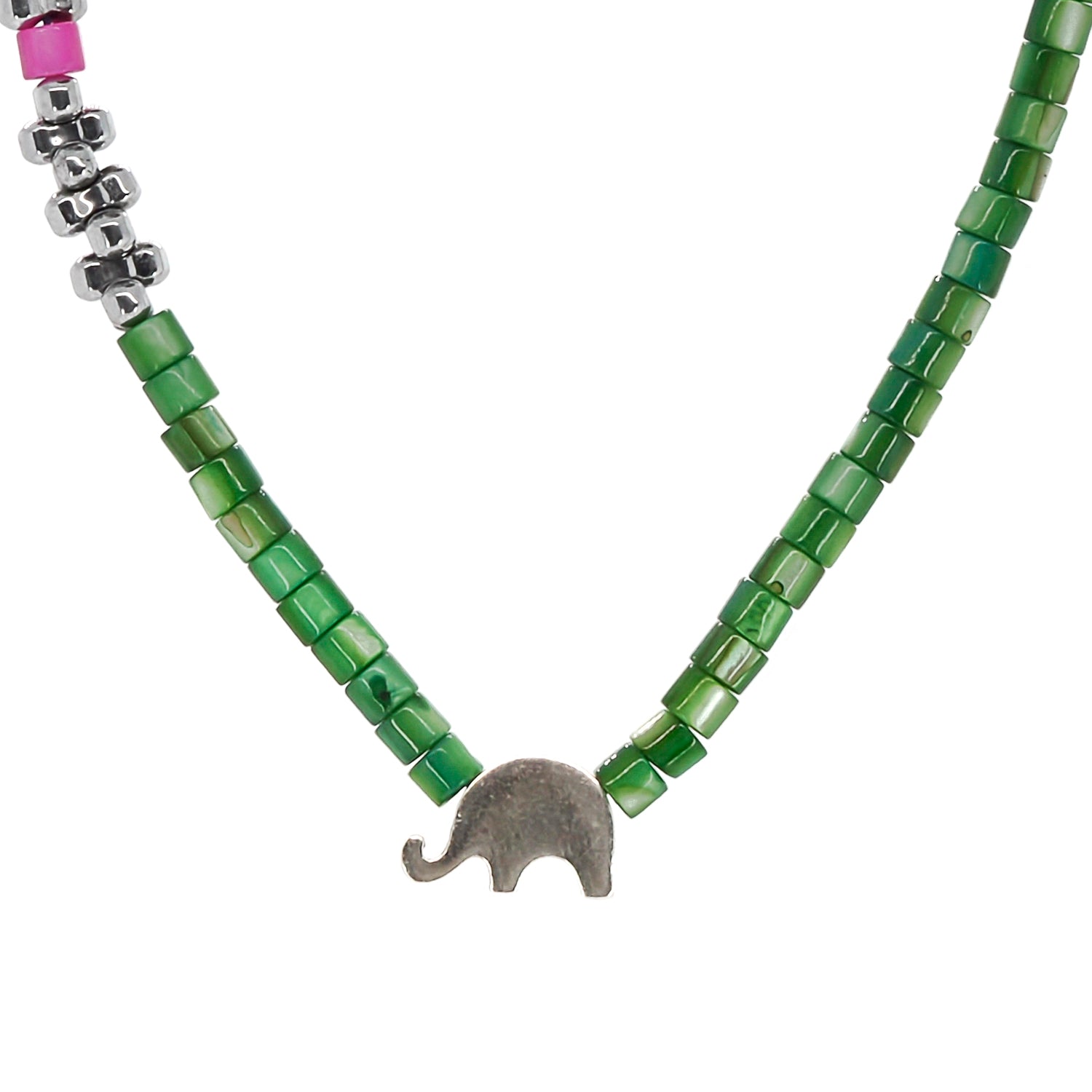 Symbolic Sophistication: Charming Elephant Pendant on Lustrous Green Pearl Beads