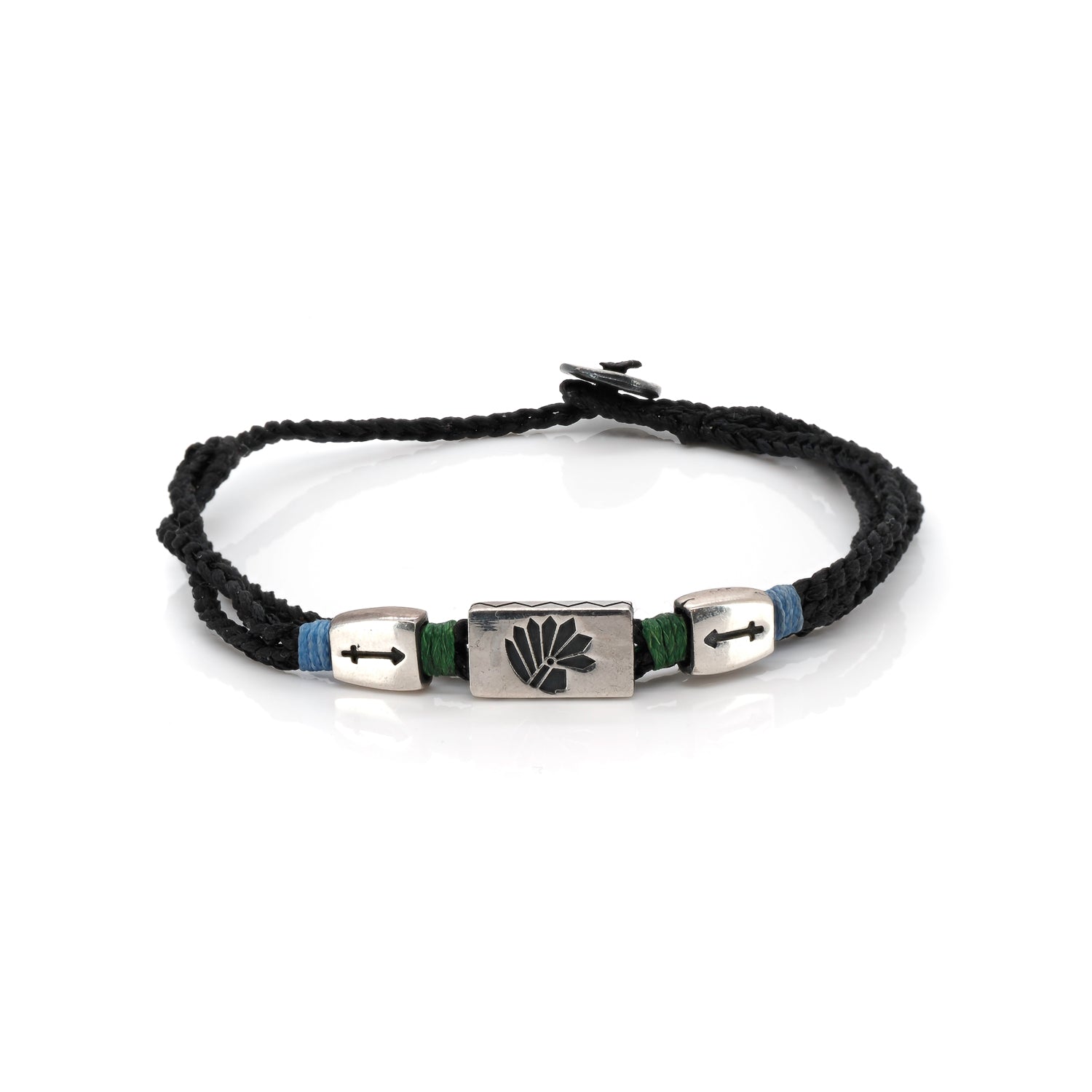 Sterling Silver Indian Chief Black Woven Lucky Bracelet
