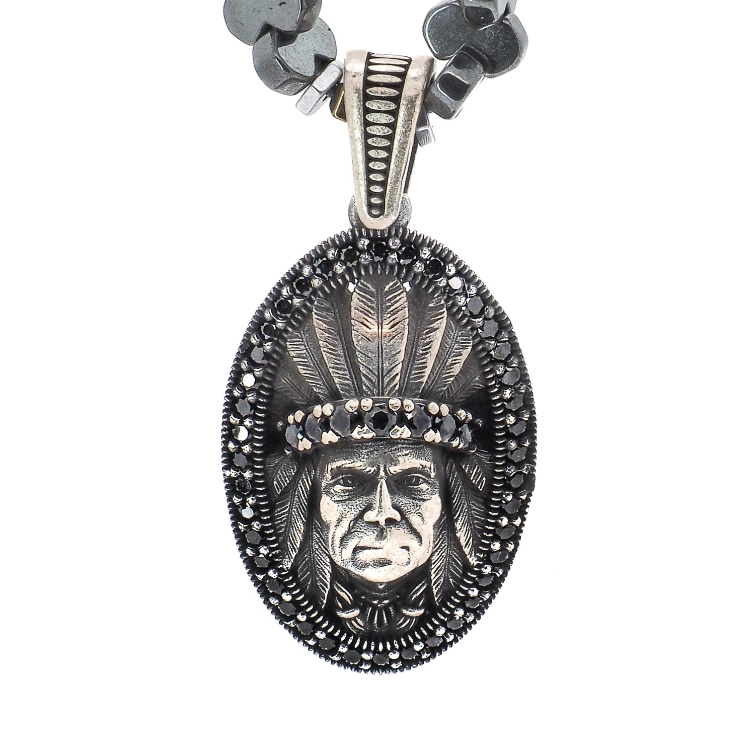 Sterling Silver Indian Chief Natural Hematite Stone Necklace