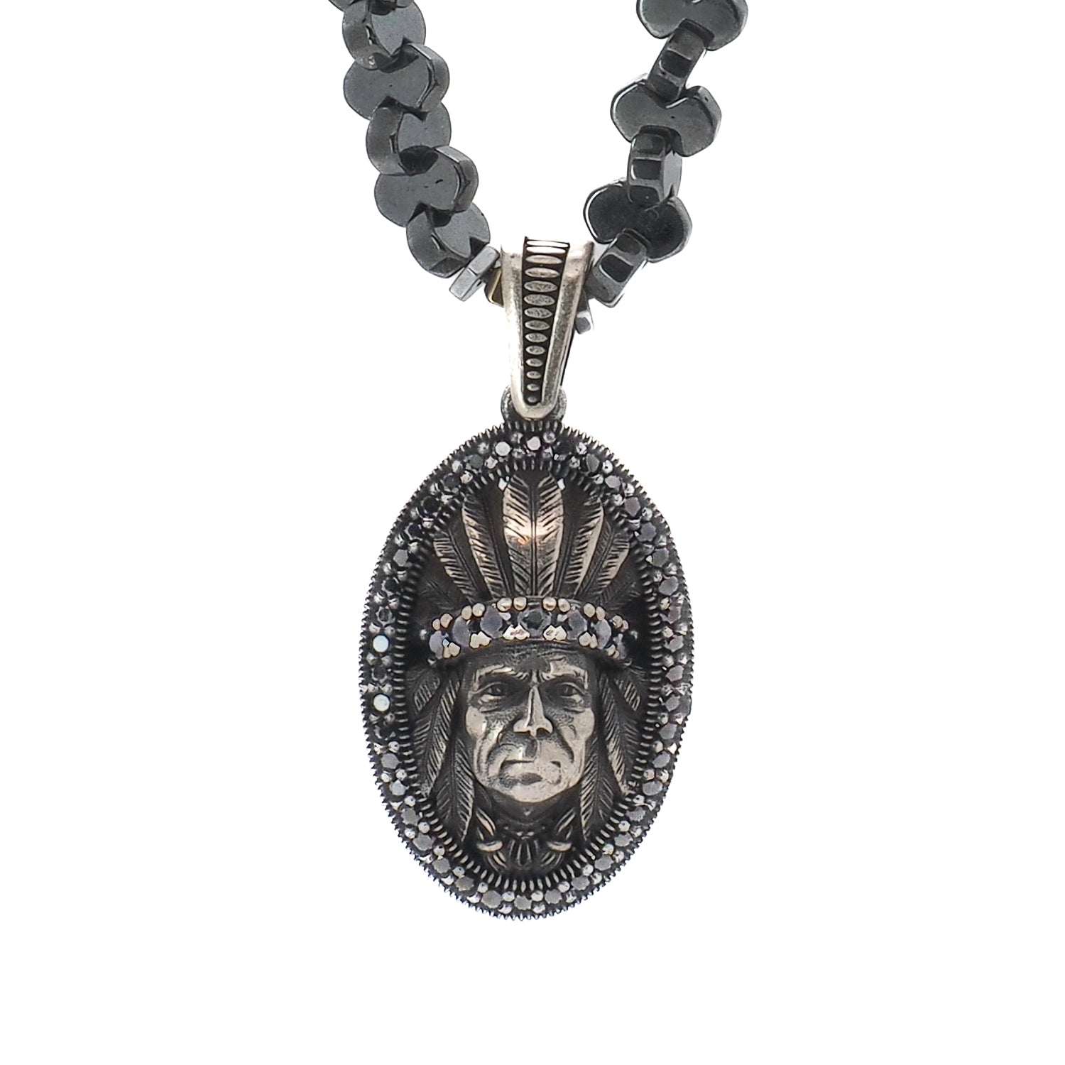 Sterling Silver Indian Chief Natural Hematite Stone Necklace
