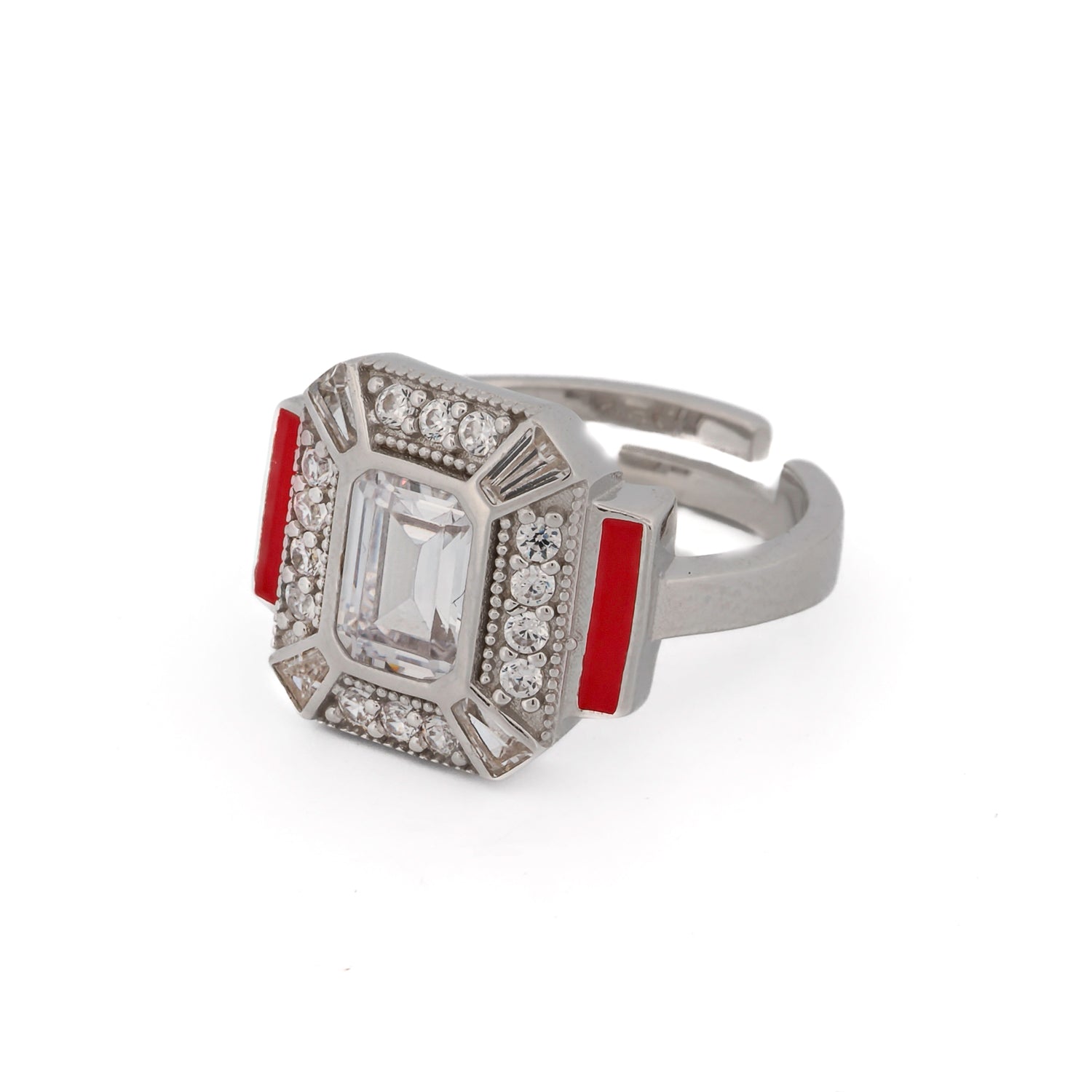 Sterling Silver Pave Diamond &amp; Red Enamel Ring