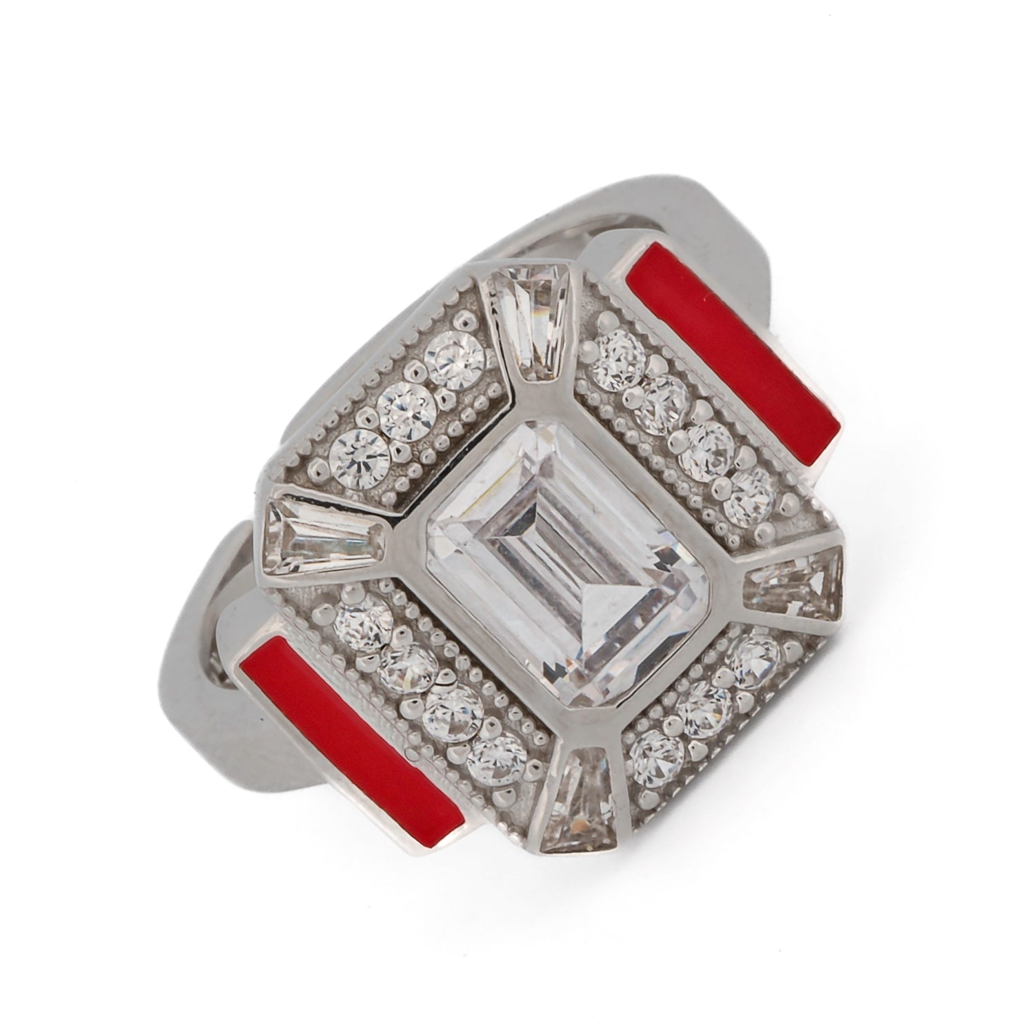 Timeless Glamour: Red Enamel and Diamond Sterling Silver Ring