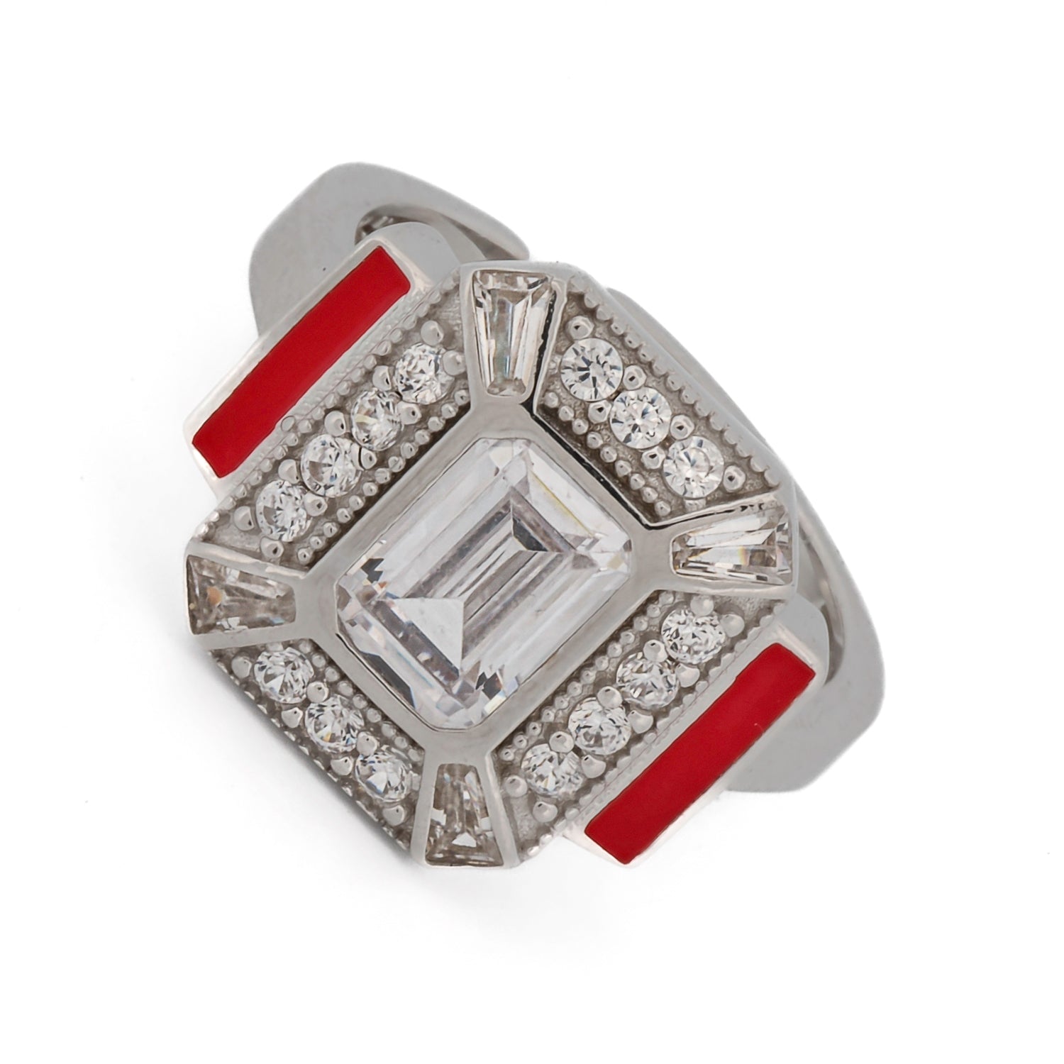 Sterling Silver Pave Diamond &amp; Red Enamel Ring
