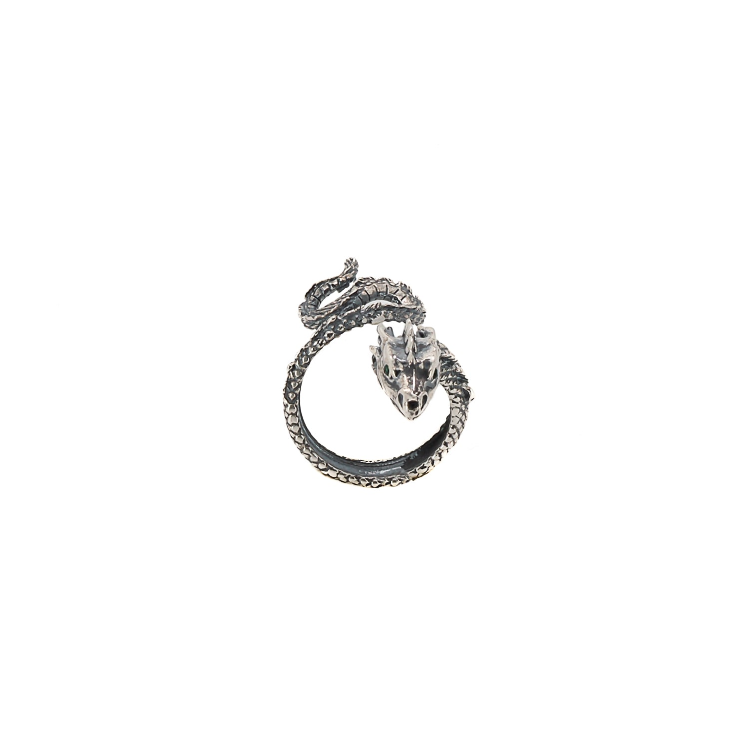 Sterling Silver Snake Ring with Emerald Eyes - Elegant Design